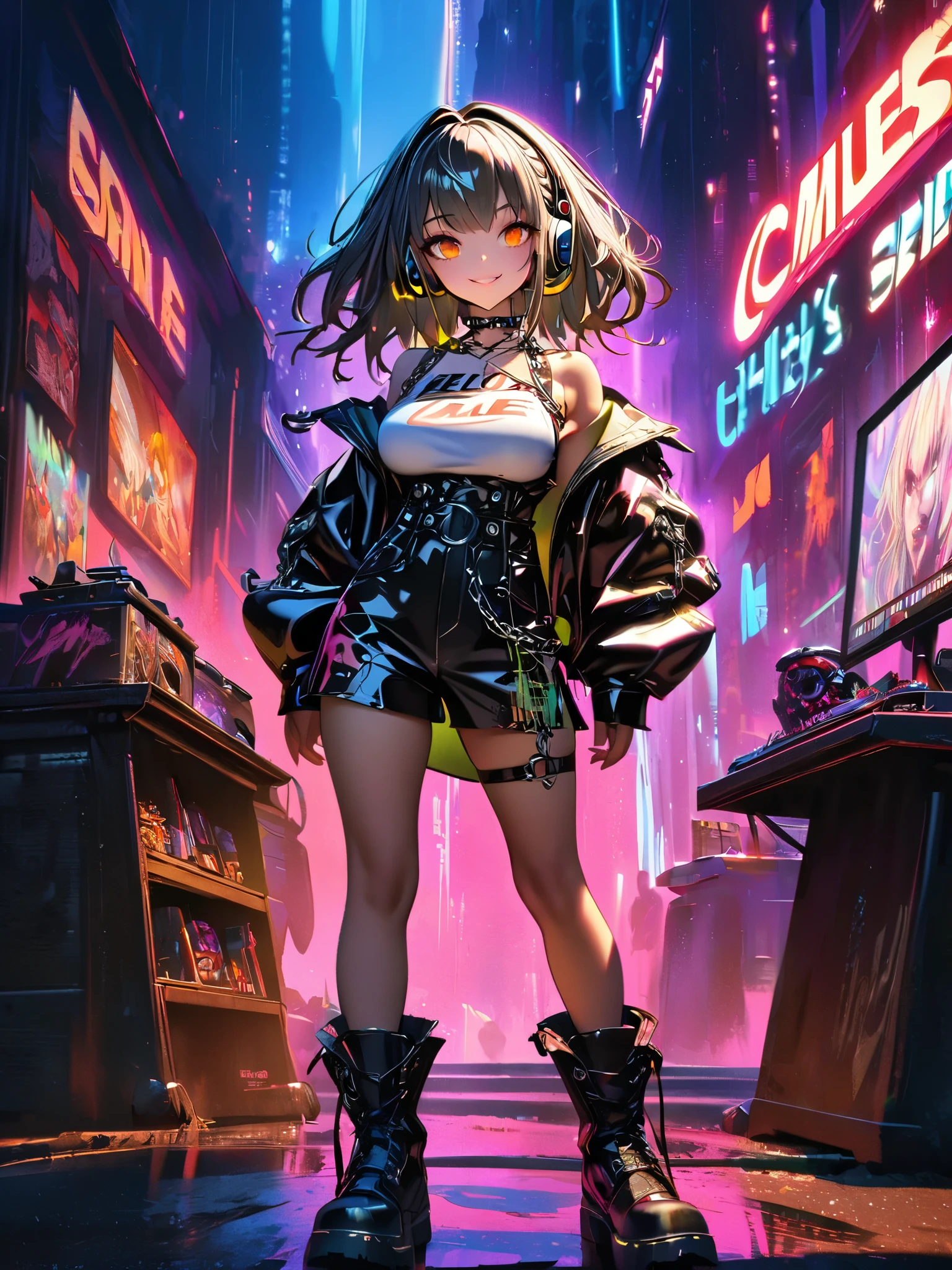 Anime girl in a short skirt and boots standing in a city - SeaArt AI