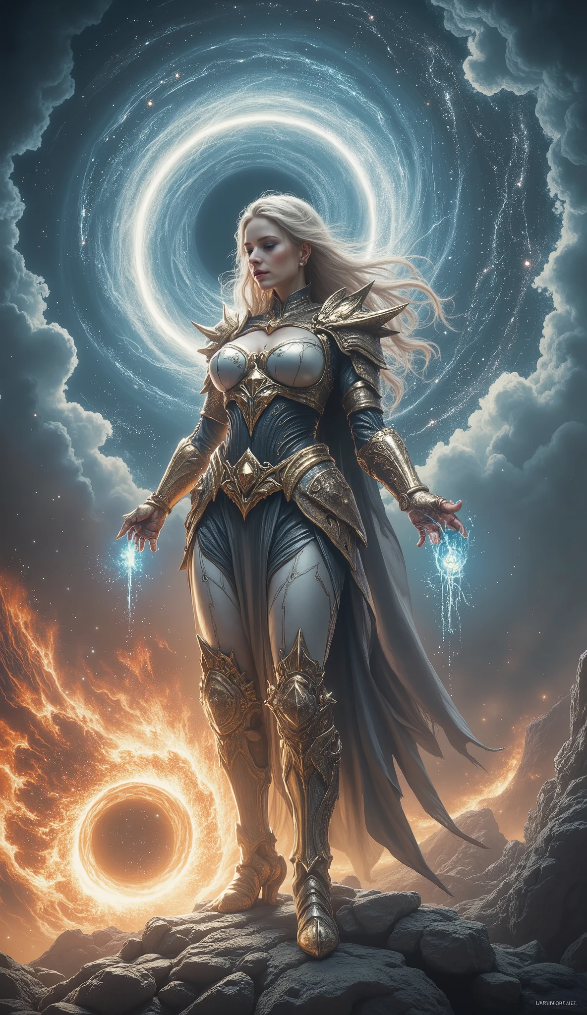 Lyra Solthane grips a shard glowing with galaxies, but a black hole swirls at its core. Her celestial armor cracks, leaking void energy. Behind her, a dying star collapses.