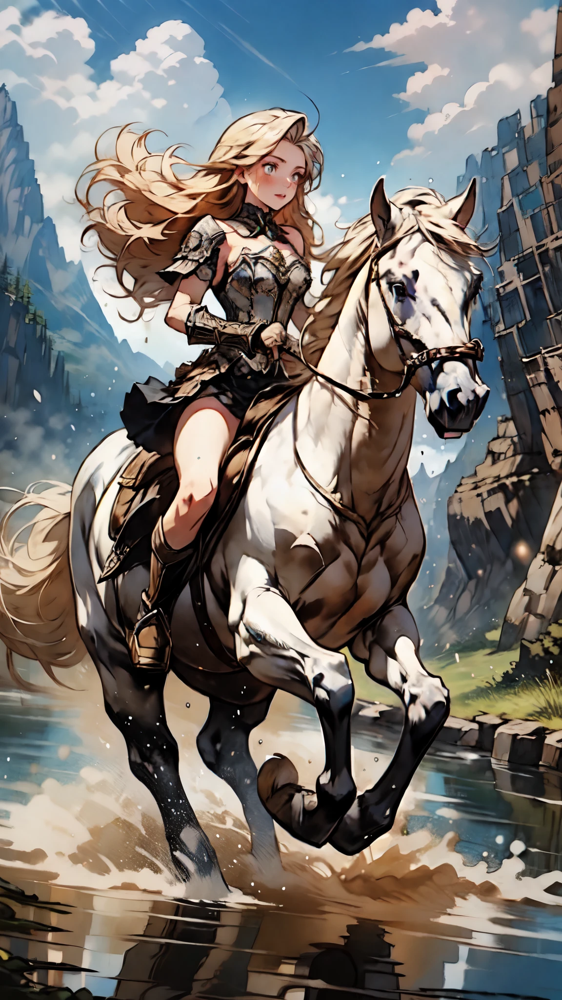 score_9, score_8_up, score_7_up, score_6_up, source_anime, BREAK (masterpiece:1.3), (8K, best quality:1.3), Highest image quality, intricate details, high resolution, depth field, Natural light, professional lighting, BREAK riding, horse, (((a young woman wearing in adventurer clothes riding her horse across the river)), ([naviard, blonde hair, blue eyes, long hair, drill hair, cleavage, medium breast, wet]), (dress, miniskirt, breastplate, cleavage, gauntlet, gloves, bare legs, greaves )), BREAK ([white horse, saddle, reins, bridle, running]), solo, (on the river, mountainside, fantasy settings:1), water splash, both hand holding rein, from side: 1, FULL BODY, anatomically correct