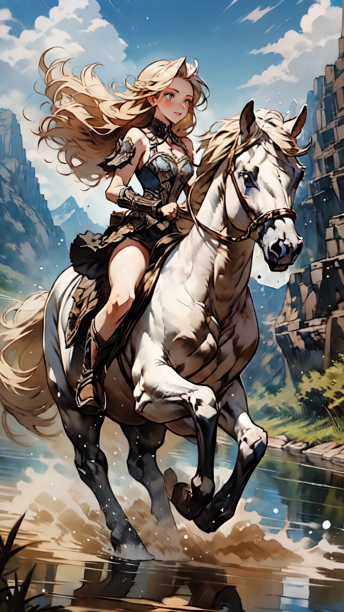 score_9, score_8_up, score_7_up, score_6_up, source_anime, BREAK (masterpiece:1.3), (8K, best quality:1.3), Highest image quality, intricate details, high resolution, depth field, Natural light, professional lighting, BREAK riding, horse, (((a young woman wearing in adventurer clothes riding her horse across the river)), ([naviard, blonde hair, blue eyes, long hair, drill hair, cleavage, medium breast, wet]), (dress, miniskirt, breastplate, cleavage, gauntlet, gloves, bare legs, greaves )), BREAK ([white horse, saddle, reins, bridle, running]), solo, (on the river, mountainside, fantasy settings:1), water splash, both hand holding rein, from side: 1, FULL BODY, anatomically correct