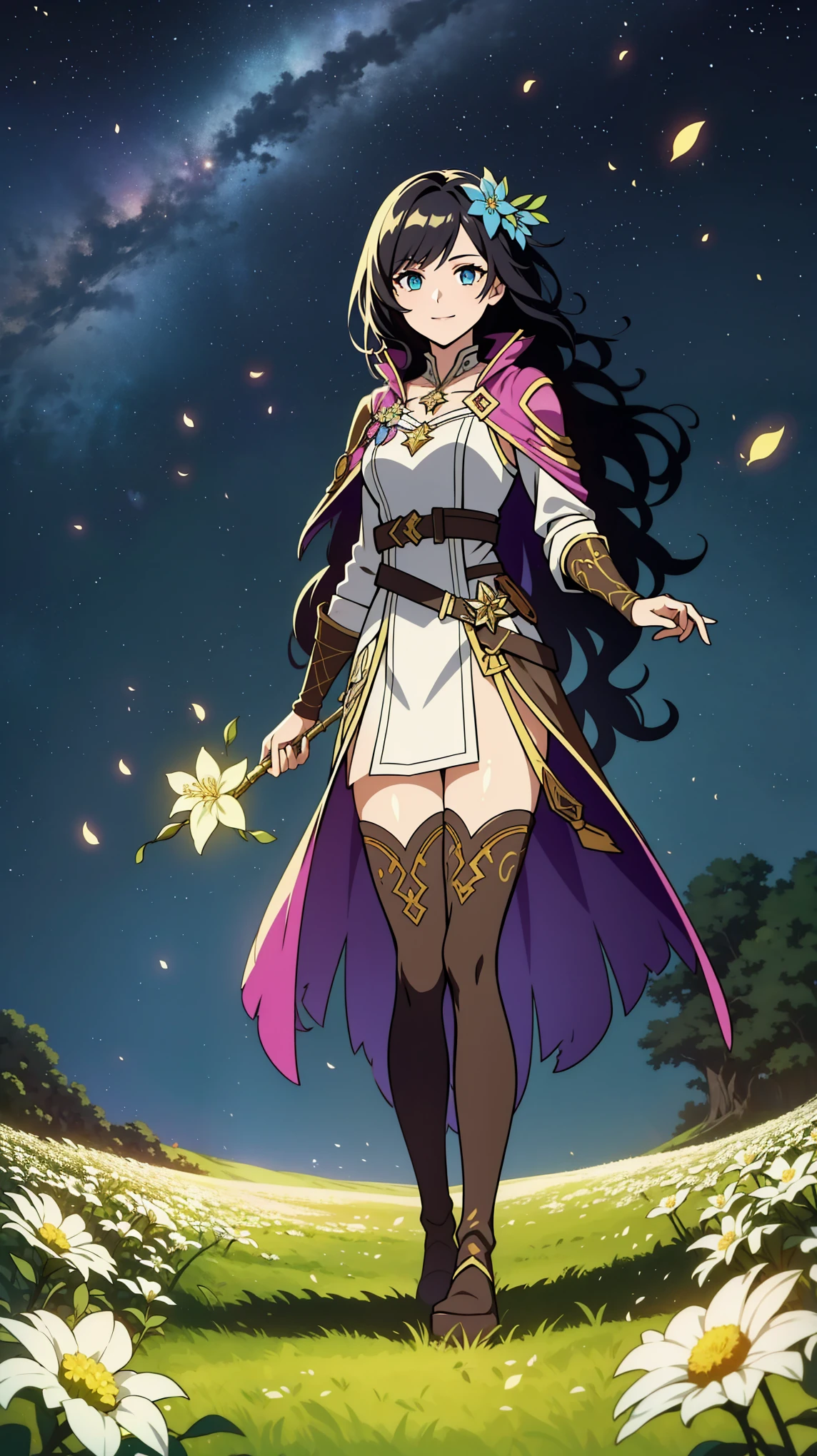 (high-quality, breathtaking),(expressive eyes, perfect face) portrait, 1girl, female, solo, young , black hair, pink eye color, long hair length, soft wavy hair, gentle smile, loose hair, side bangs, looking at viewer, portrait, full shot, happy expression, ribbon in hair, flower in hair, fantasy clothing, elegant, mature, height 4"3, adventurer attire, druid attire, warlock profession, short height, Dungeons & Dragons character, jacket, dress, cape, Firefly Honkai Star Rail Character, flower petals, Firefly, starry sky, dawn in the distance, shooting stars, backgroound, flower field, scenary, cloudy sky, grass, trees, flower petals, leafs, white flower, field, blue flower, standing in field of flowers, boots, black thigh socks, druid, plant muse