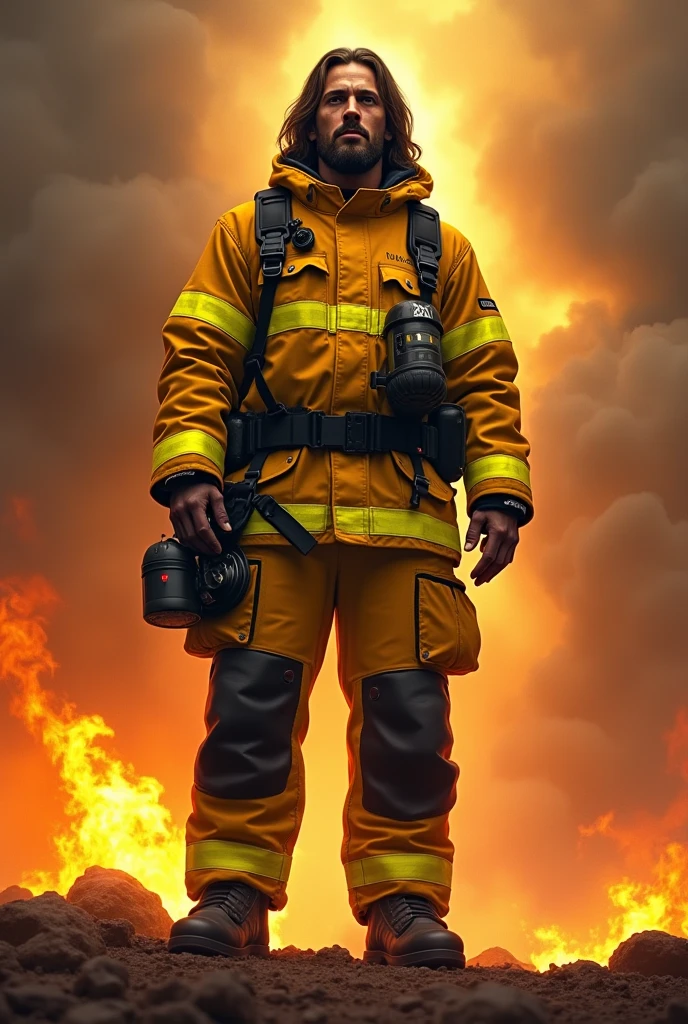 Close-up of a person with strong determined attitude, resilient, forest fire background, close-up shot, realistic.