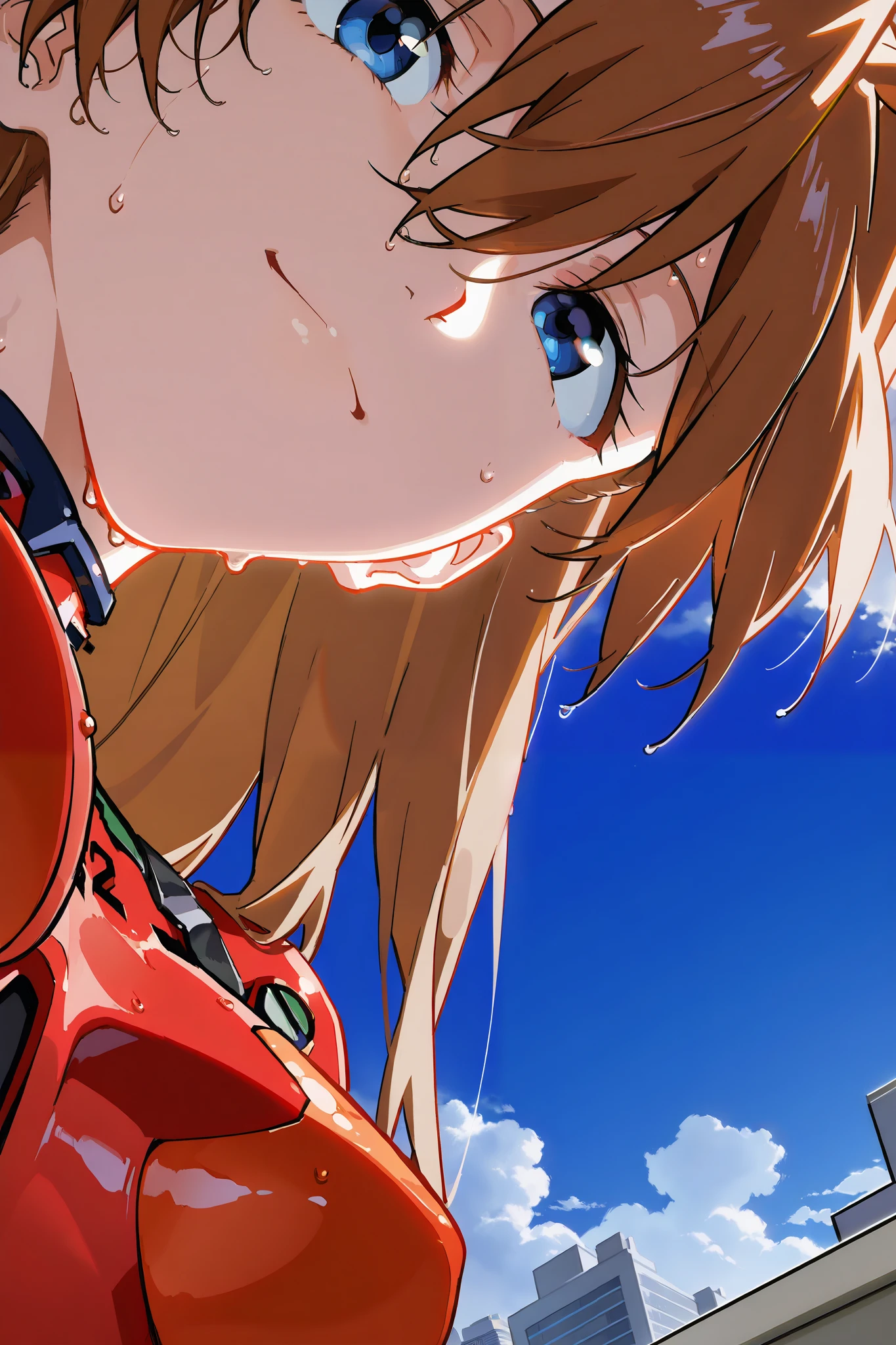 asuka_langley,1 female,solo,looking at the scenery,smile,
I_,wet brown hair,viewer,blue eyes,long hair,hair between the eyes,beautiful eyes,more detailed hair,
extreme close-up under the chest,low angle

red plug suit,red bodysuit,pilot suit,
portrait,background,day,cloudy,city,face_concentration,close-up,

beautiful face,beautiful skin,
large breast,nallow waist,butt close-up,Sweaty,anatomically correct,
highest quality,masterpiece,high definition,soft lighting,
indoors,on bed,bed room,