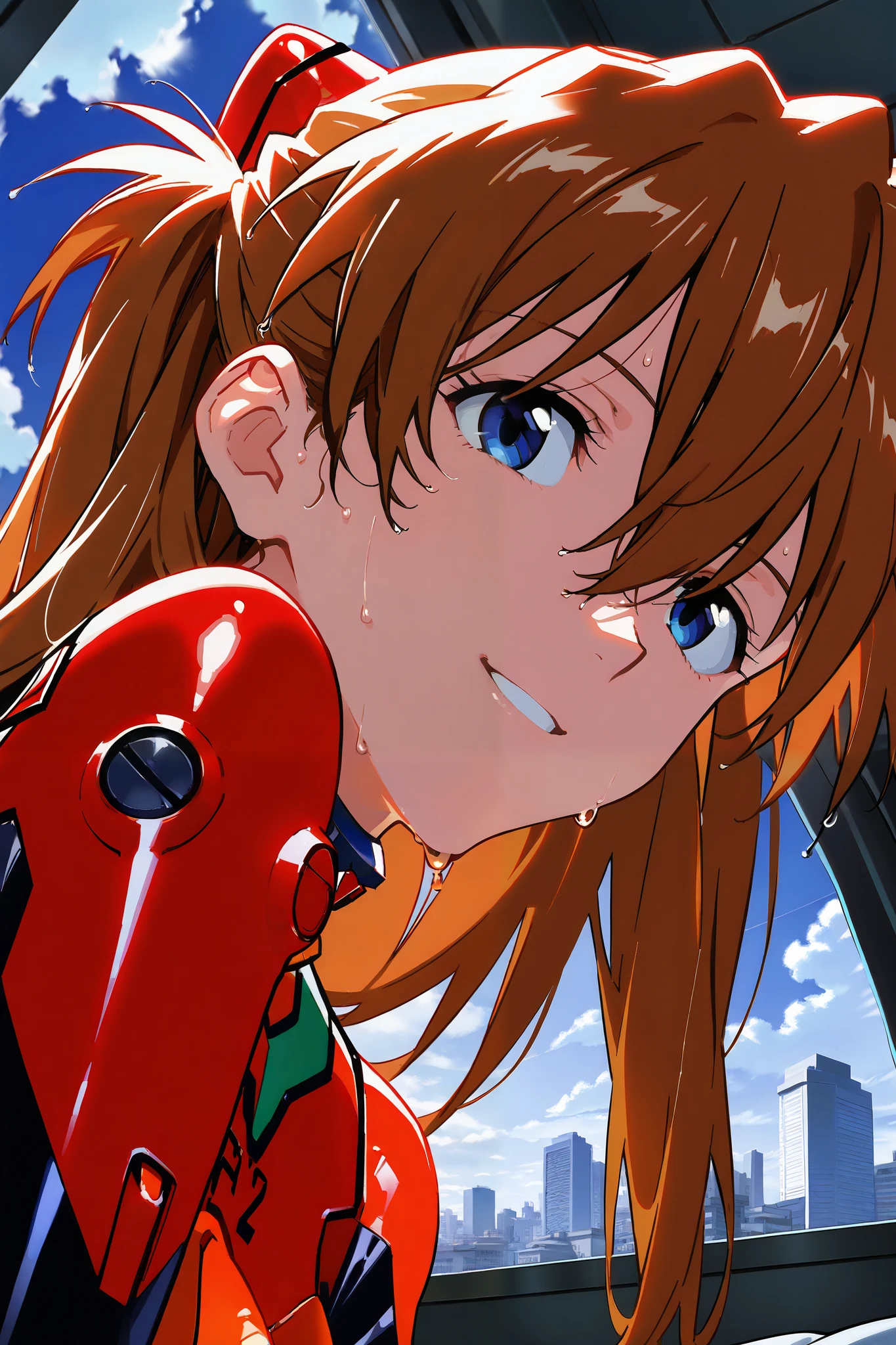 asuka_langley,1 female,solo,looking at the scenery,smile,
I_,wet brown hair,viewer,blue eyes,long hair,hair between the eyes,beautiful eyes,more detailed hair,
extreme close-up under the chest,low angle
red plug suit,red bodysuit,pilot suit,
portrait,background,day,cloudy,city,face_concentration,close-up,
beautiful face,beautiful skin,
large breast,nallow waist,butt close-up,Sweaty,anatomically correct,
highest quality,masterpiece,high definition,soft lighting,
indoors,on bed,bed room,