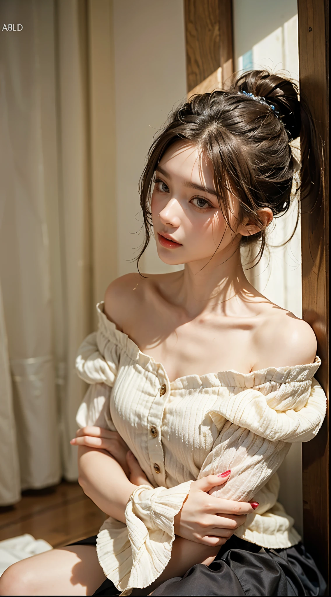 ((knee shot)), (from side), A young girl, the night, lamplight, streetview, Street photography, Cross ed leg, posing elegantly, warm lights, a warm color palette, ((White color blouse, DEEP-V COLLAR, a black pleated skirt)), Detailed scenes, Long messy hair, Brownish-yellow hair, light make-up, Blushlush, Nice slender legs, (Extremely high color saturation), Detailed details, ultra-detailliert, (tmasterpiece, best qualtiy), (An extremely delicate and beautiful work), Delicate earrings, Delicate necklace, Simple blurred background, Extreme detail description, Ultra-fine painting, Delicate face, slim toned body, Slimming the waist, grin