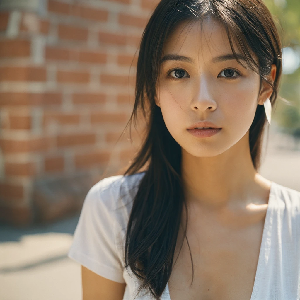 a woman, has a small nose, shining eyes, thick black hair that is tied up, not wearing clothes