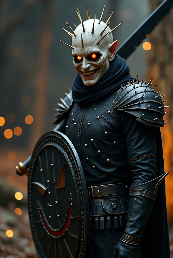 Romania as a european vampire lord League of Legend creature in navy blue, yellow and carmine colors. Intricated clothing. Cinematic Fantasy sci-fi landscape background