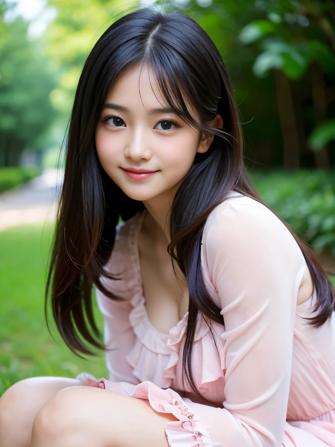 Create an ultra-realistic image of a 21-year-old Japanese woman named Kotone. She has extremely long, perfectly straight black hair that flows down to her waist, with blunt bangs that cover her forehead. Her eyes are large, enchanting, and have double eyelids with sparkling black pupils, giving them a captivating and youthful appearance. Her face is delicate and innocent, with very thin eyebrows that frame her large, childlike eyes. Kotone's skin is smooth and flawless, resembling snow in its pure white color. She has a slender and well-proportioned body with a shapely bust size of 95 cm, a height of 158 cm, a weight of 43 kg, an ideal waist size of 58.46 cm, and an ideal hip size of 86.73 cm. Her complexion is flawless, without any wrinkles, and her natural makeup enhances her features subtly, maintaining a fresh and youthful look. She embodies a perfect balance of youthful charm and mature elegance, with a cute and innocent smile that adds warmth and affection to her appearance.
Kotone should be depicted facing forward, with her body positioned to emphasize her front. Her long black hair should flow naturally over her shoulders, framing her face and upper body. Her pose should be confident and relaxed, with her arms gently at her sides or holding a small accessory. Her expression should be warm and inviting, with a friendly smile that captures her youthful charm. The lighting should be soft and natural, focusing on her front and emphasizing the smoothness of her skin and the delicacy of her features, creating a sense of depth and realism. The background should be simple and neutral, ensuring that every detail of her appearance is highlighted and that the focus remains on her face and front. She is wearing a casual yet stylish outfit that highlights her well-proportioned figure, such as a fitted blouse and skirt.
