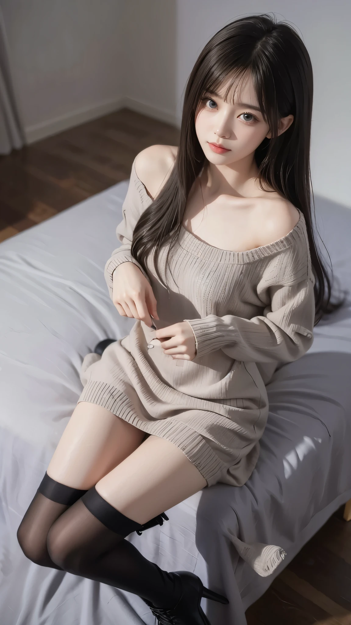 Araffe asian woman in a sweater dress sitting on a bed - SeaArt AI