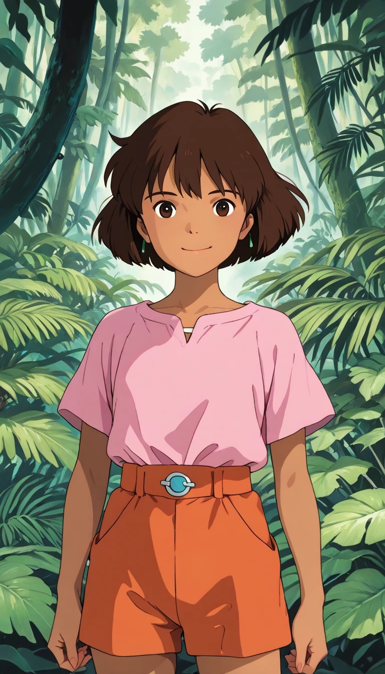 (1girl, Dora), (extremely detailed CG unit 8k wallpaper),(master part), (best quality), (ultra detail), (best illustration),(ghibli_style), cowboy shot, standing, facing viewer, looking at viewer, perfect face, perfect eyes, perfect fingers, (Sharp eyeliner, ombre, detailed eyes:1), traditional media, ghibli landscapes, scenery, outdoors, jungle, tree, branch, break , upper body, solo, smile, (short hair, brown hair, brown eyes, tan, pink shirt,  orange shorts)