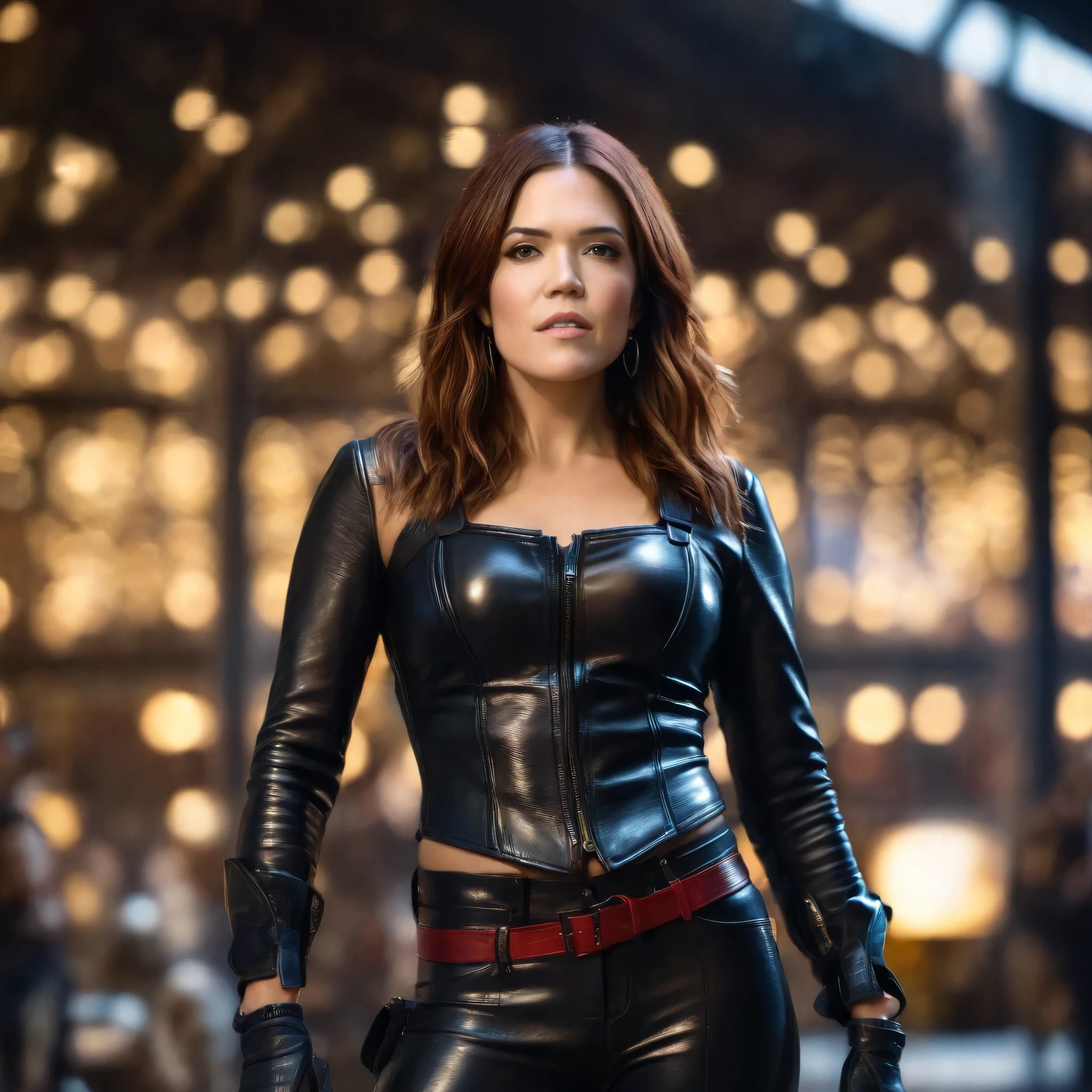 best quality, highres, 8k, masterpiece, photography, detailed midbody photorealistic portrait. As the dimmed lights illuminate The Steel Cage, Mandy Moore stands tall and proud in her sleek leather leggings, boots, and bustier. Her fiery red mane frames her stunning features, amplifying her magnetic persona. With the slightest flicker of her wrist, the crowd falls silent, entranced by her sultry performance. 40 years old, (real skin texture: 1.3), (slender figure: 1.1), six-pack abs, (Immersive Ambience, Chiaroscuro: 1.5, Dim Light: 1.2, Glow Lighting), (Bokeh: 1.5), Blurred, high contrast, (Fuji colours: 1.5), film grain