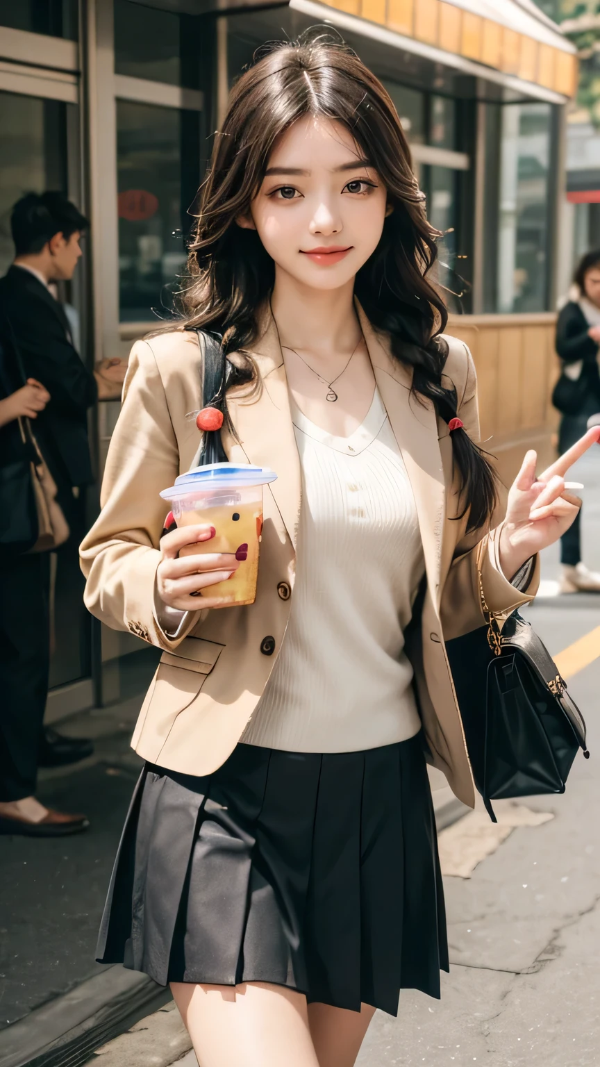 a beautiful Korean influencer strolling through a vibrant shopping district after school. She’s still dressed in her uniform—a fitted blazer, pleated skirt, and loafers—but she’s carrying her backpack casually in one hand and holding a bubble tea in the other. Her hair is styled in a casual braid, and her bright smile reflects her excitement for the fun evening ahead