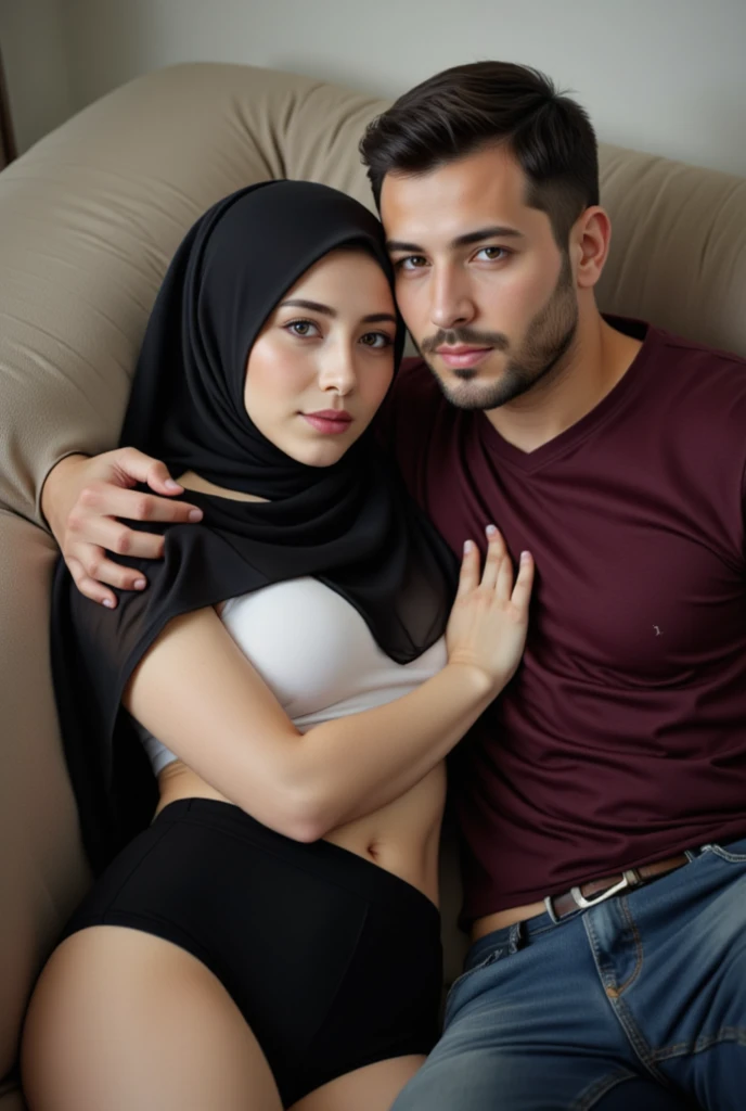 A full  naked  hansome macho adult man 50 years old, standing holding each other with a georgeus slim young  girl that wearing hijab 22 years old, 