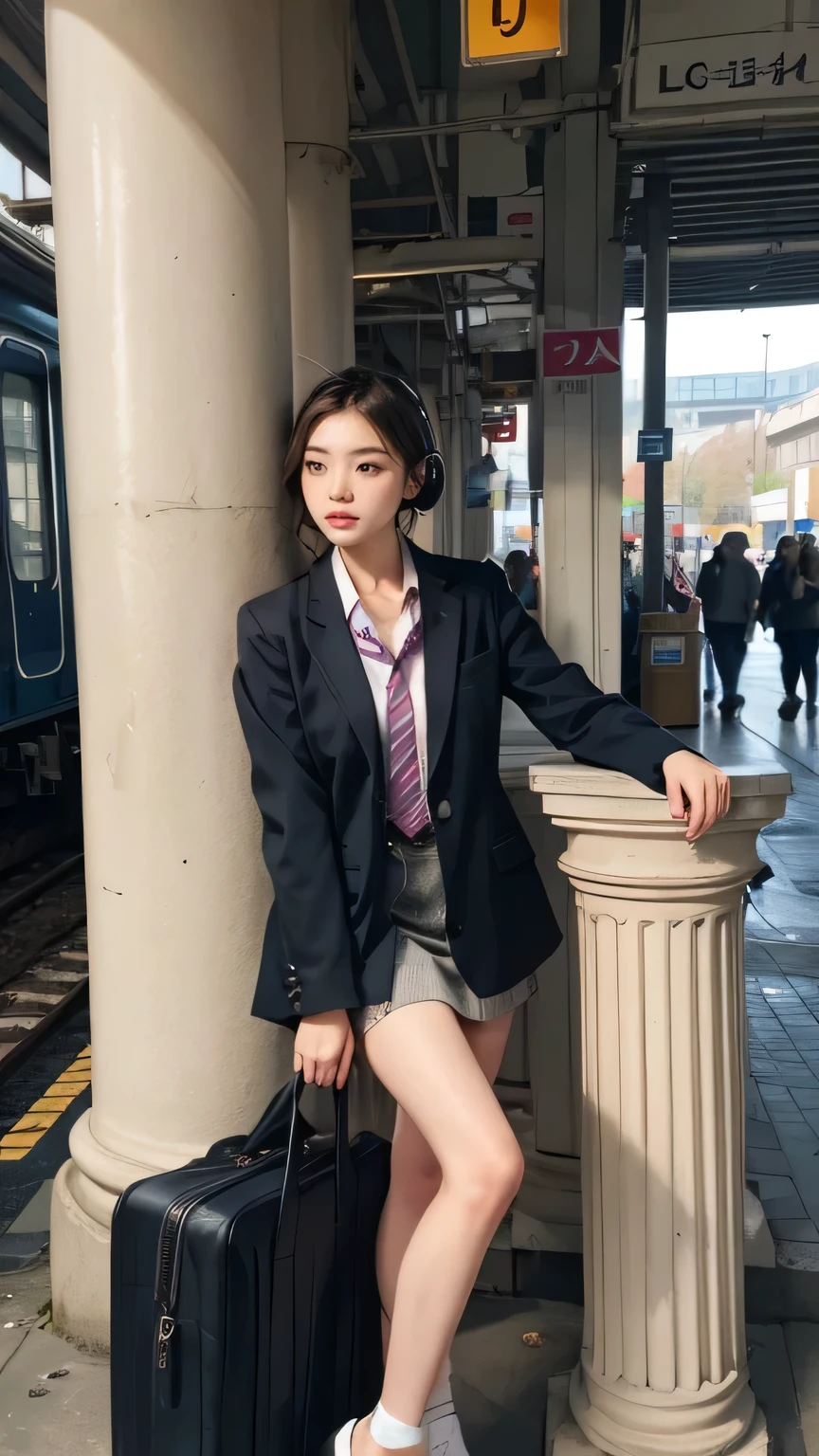 a stylish Korean influencer at a train station, waiting for her ride home after school. She’s wearing her uniform, with the sleeves of her blouse rolled up and her tie loosely undone. Her blazer is folded over her arm, and she’s listening to music through her headphones while leaning casually against a pillar, her playful yet confident vibe drawing the attention of passersby