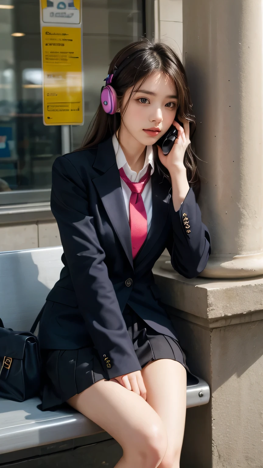 a stylish Korean influencer at a train station, waiting for her ride home after school. She’s wearing her uniform, with the sleeves of her blouse rolled up and her tie loosely undone. Her blazer is folded over her arm, and she’s listening to music through her headphones while leaning casually against a pillar, her playful yet confident vibe drawing the attention of passersby