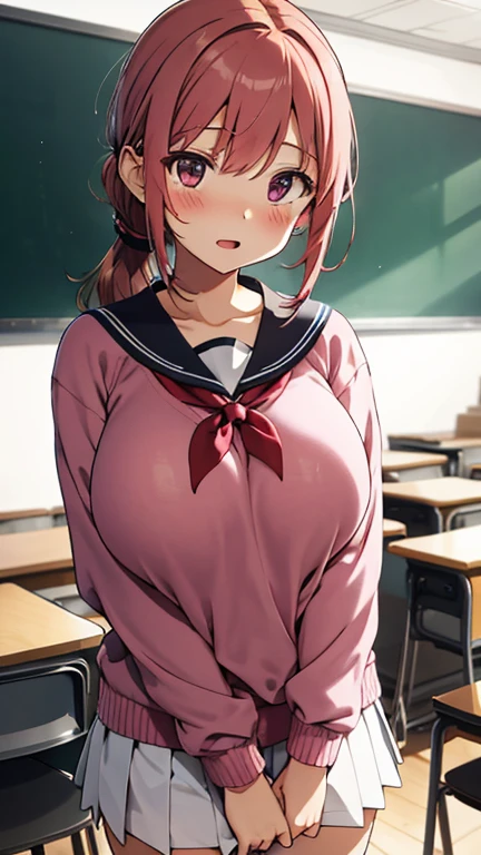 Yuigahama Yui, short hair, brown eyes, Pink hair,  single bun hair, 

looking at viewer, 
(masterpiece), highest quality, High resolution, unity 8k wallpaper,  (perfect anatomy:1.2),

blush, smile,  
(huge breasts:1.3),  nipples,
classroom, 
(pink hoodie), checked skirt, 
open mouth, 
focus breasts, 