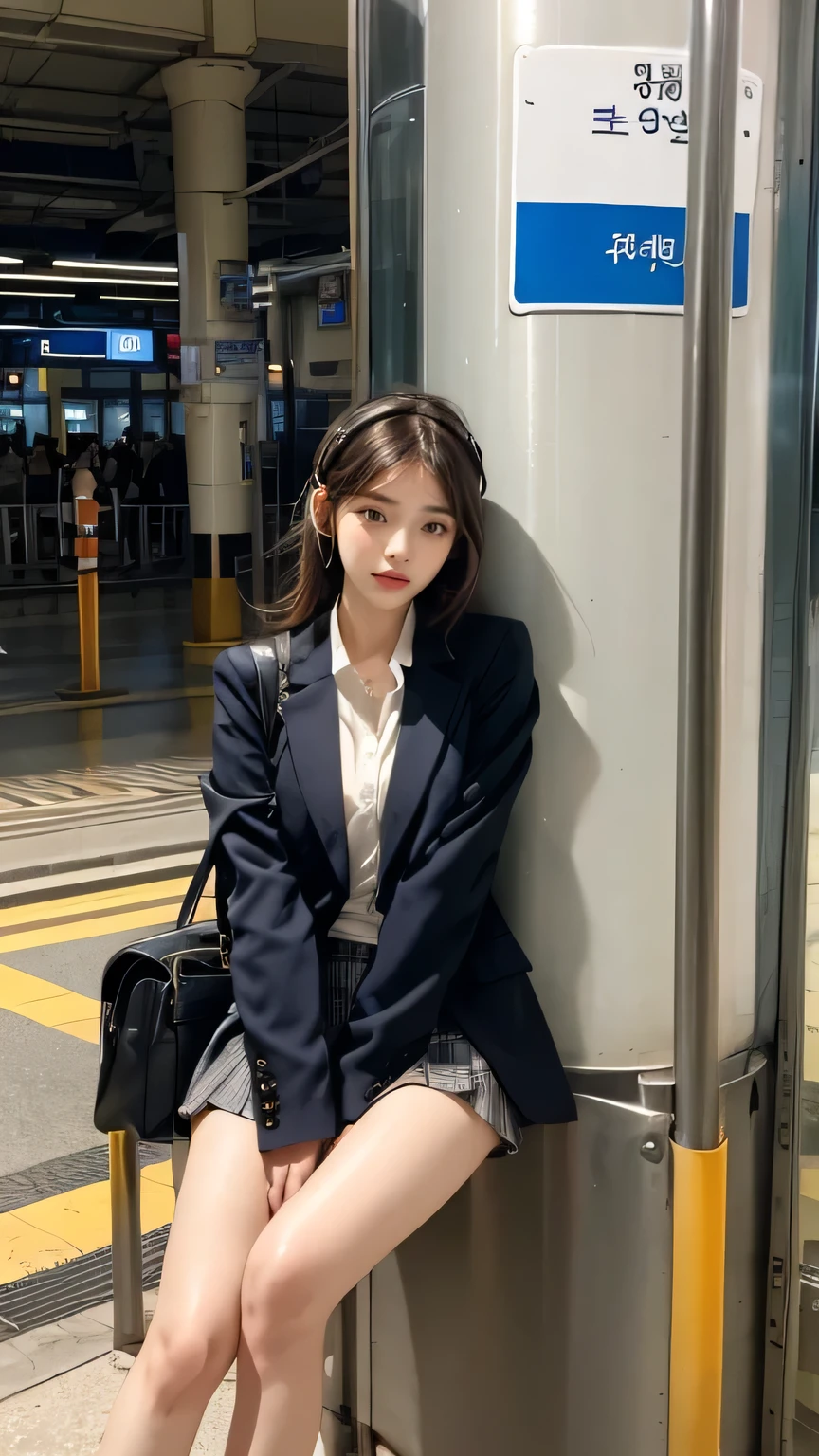 a stylish Korean influencer at a train station, waiting for her ride home after school. She’s wearing her uniform, with the sleeves of her blouse rolled up and her tie loosely undone. Her blazer is folded over her arm, and she’s listening to music through her headphones while leaning casually against a pillar, her playful yet confident vibe drawing the attention of passersby