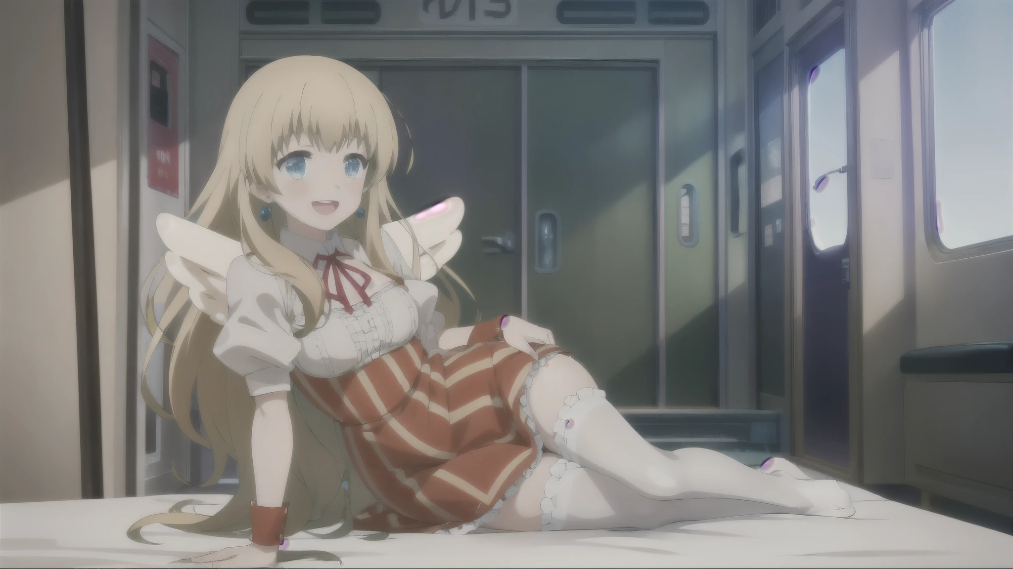 anime, 1girl, solo, Wendy, white shirt, short puffy sleeves, red pleated skirt, hair flower, no pupils, blank eyes, striped thigh highs