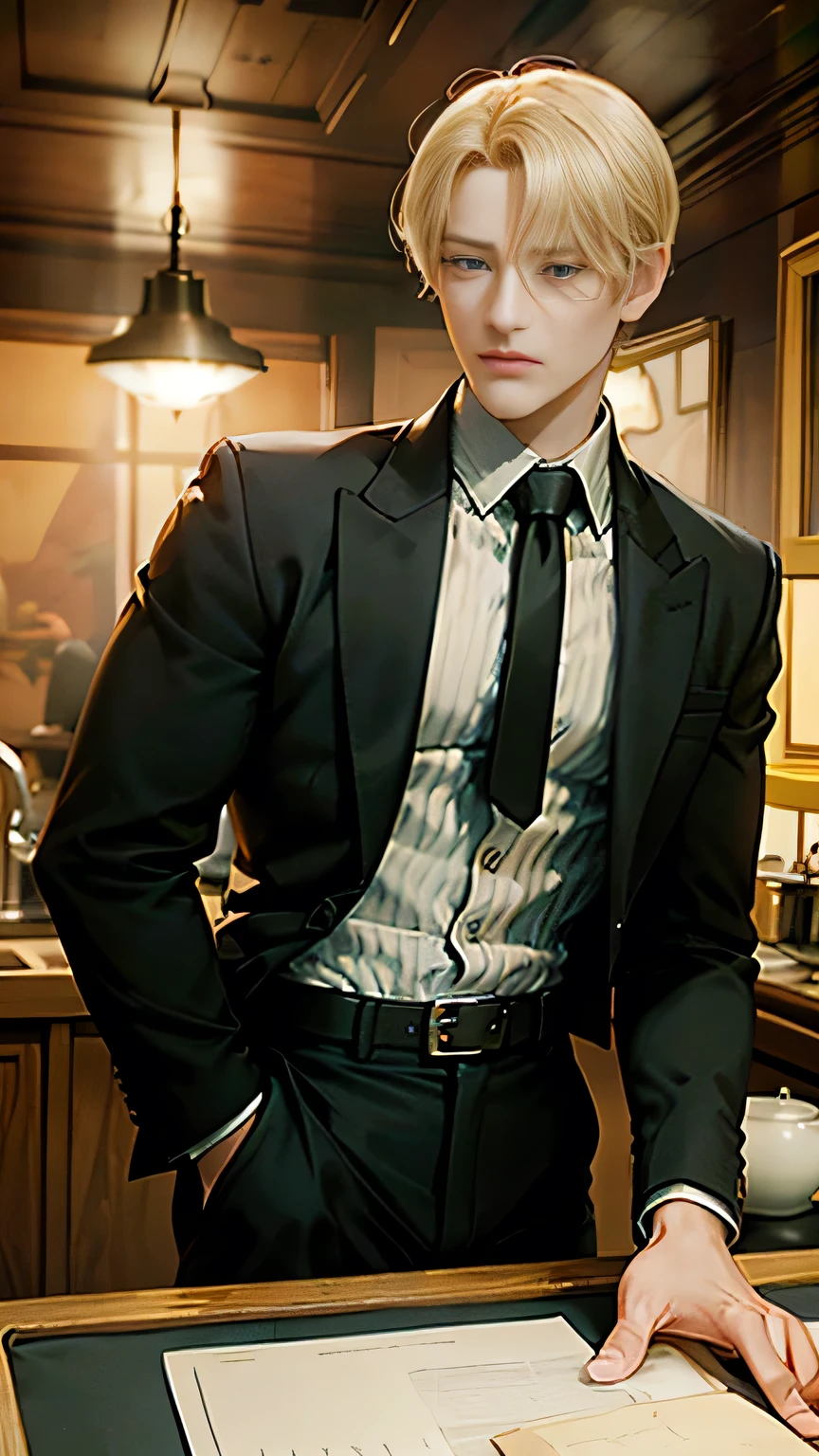 "Sanji from One Piece, body masterpiece, best quality, intricate details, 1 man, lean yet muscular physique, blond hair styled in a side-swept manner, sharp and confident expression, black suit with yellow tie, white shirt, black dress shoes, open jacket revealing toned pectorals, masculine focus, cigarette in mouth, black pants, dramatic stance with one hand in pocket, strong and refined posture, dynamic scenography, photorealistic textures, dramatic lighting, soft shadows, vibrant colors, scenic natural background, cooking knives on belt, kitchen ambiance surrounding him."