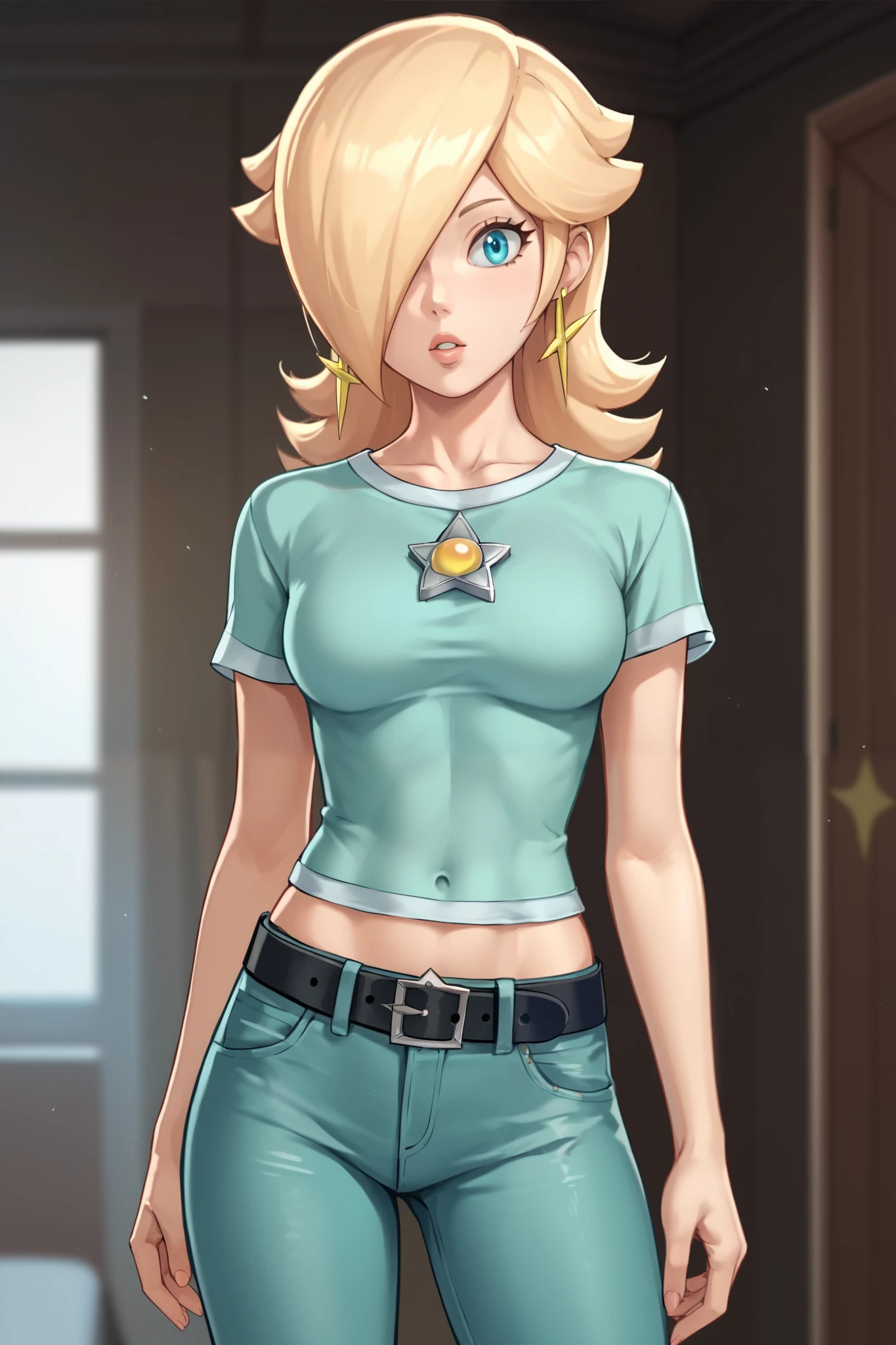 score_9, score_8_up, score_7_up, source_anime, rosalina, blonde hair, blue eyes, hair over one eye, long hair, star earrings, solo, cowboy shot, black t-shirt, taut clothes, tight shirt, midriff, navel, jeans, black belt, parted lips