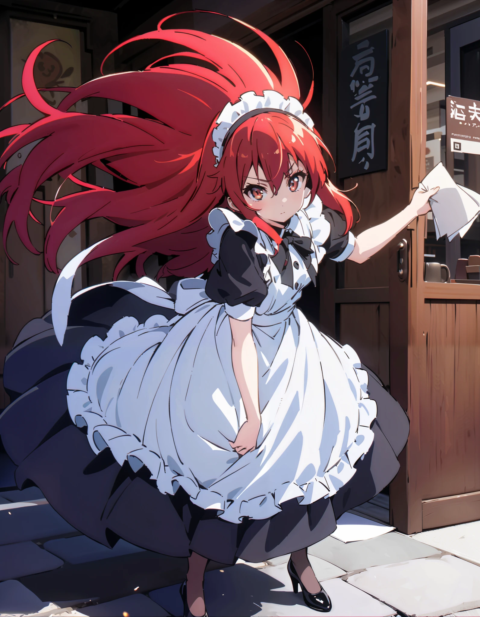 shana , long hair, Red Hair, red eyes, stupid hair,Maid服,rib tights , black pantyhose , pin heels,black色ロングスカート,Maid head dress , Maid apron, Maid Dress,Maid, Maid outfit,black_ dress , hair shaking in the wind , long skirt is moving in the wind,Holding a stack of papers in both arms,Handing out flyers, is standing,Paper is being blown away by the wind , sign,noon,whole bodyがイラストに入るように,break looking at viewer,whole body,
break outdoors,Coffee shop entrance ,
break (masterpiece:1.2), best quality, high resolution, Unity 8K Wallpaper, (figure:0.8), ( precise and beautiful eyes:1.6), Highly Detailed Face , perfect lighting, very precise CG, ( perfect hand, perfect anatomy),