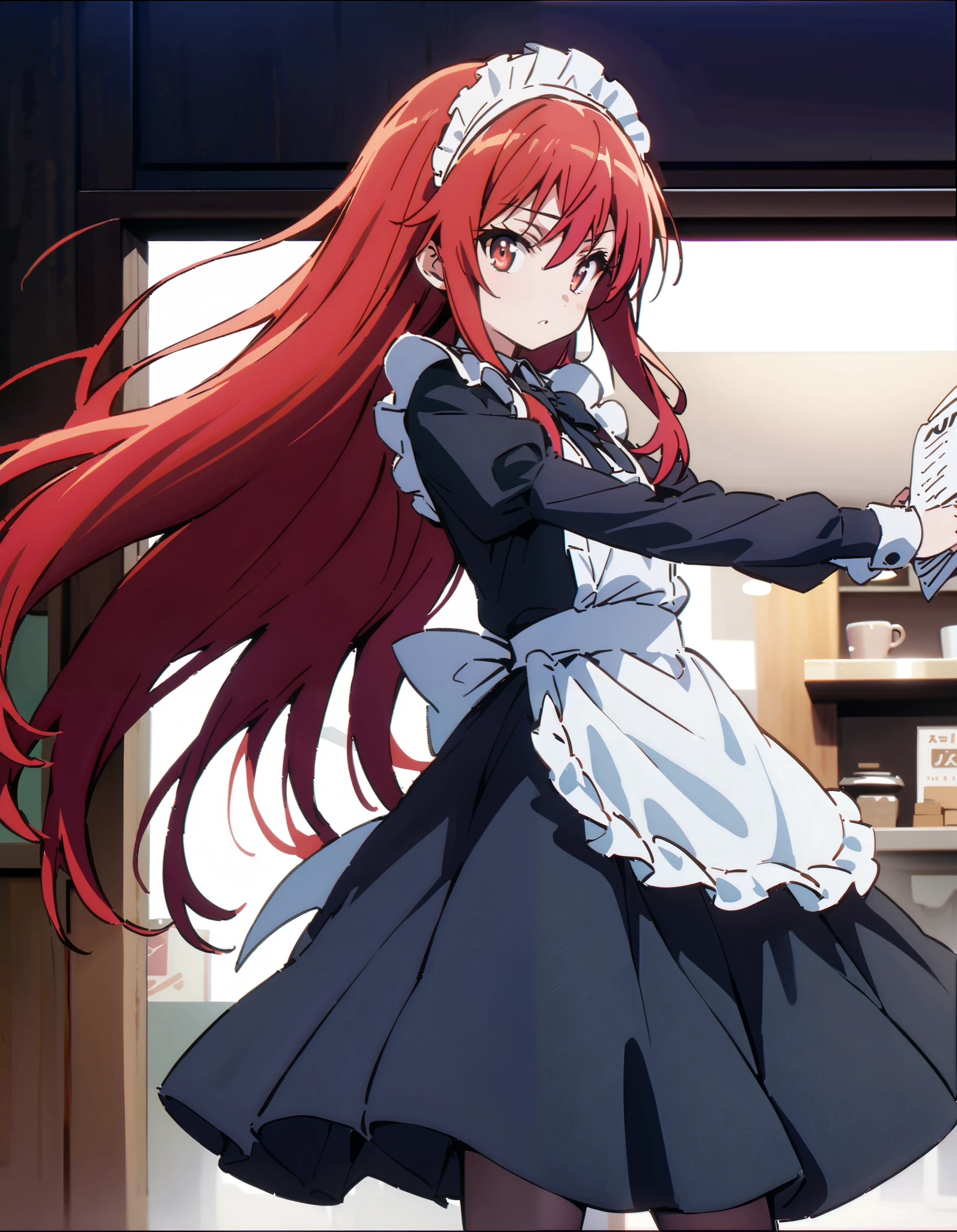 shana , long hair, Red Hair,  red eyes, stupid hair,Maid服,rib tights ,  black pantyhose ,  pin heels,black色ロングスカート,Maid head dress , Maid apron, Maid Dress,Maid, Maid outfit,black_ dress , hair shaking in the wind , long skirt is moving in the wind,Holding a stack of papers in both arms,Handing out flyers, is standing,Paper is being blown away by the wind , sign,noon,whole bodyがイラストに入るように,break looking at viewer,whole body,
break outdoors,Coffee shop entrance , 
break (masterpiece:1.2),  best quality,  high resolution,  Unity 8K Wallpaper, (figure:0.8), ( precise and beautiful eyes:1.6),  Highly Detailed Face ,  perfect lighting,  very precise CG, ( perfect hand,  perfect anatomy),