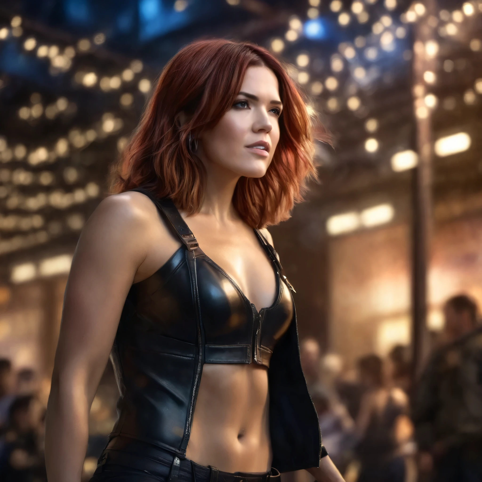 best quality, highres, 8k, masterpiece, photography, detailed midbody photorealistic portrait. As the dimmed lights illuminate The Steel Cage, Mandy Moore stands tall and proud in her sleek leather leggings, boots, and bustier. Her fiery red mane frames her stunning features, amplifying her magnetic persona. With the slightest flicker of her wrist, the crowd falls silent, entranced by her sultry performance. 40 years old, (real skin texture: 1.3), (slender figure: 1.1), six-pack abs, (Immersive Ambience, Chiaroscuro: 1.5, Dim Light: 1.2, Glow Lighting), (Bokeh: 1.5), Blurred, high contrast, (Fuji colours: 1.5), film grain