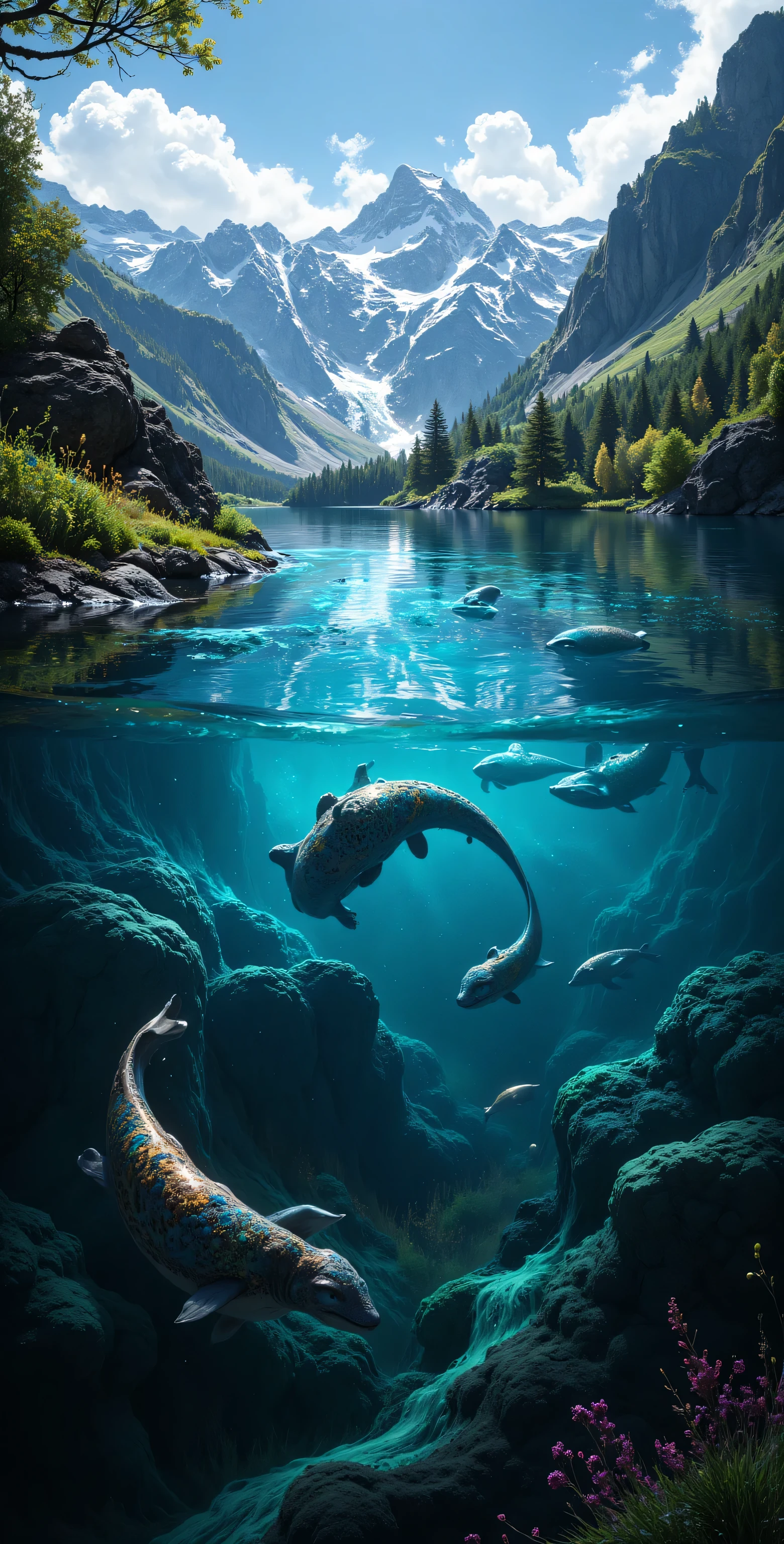 非常にリアリスティックで is present 。 is present 、24K、 super real 、 a lake rich in nature with mountains 。 photograph the boundary between the surface of the water 。 rich nature is shown on the surface of the water , No wind, The lake surface is quiet 、 animals are swimming vividly 。on the other hand、Beneath the Surface、Mister.々 very beautiful scenery 。、Mammals、Crustaceans etc. Mr. .々 。