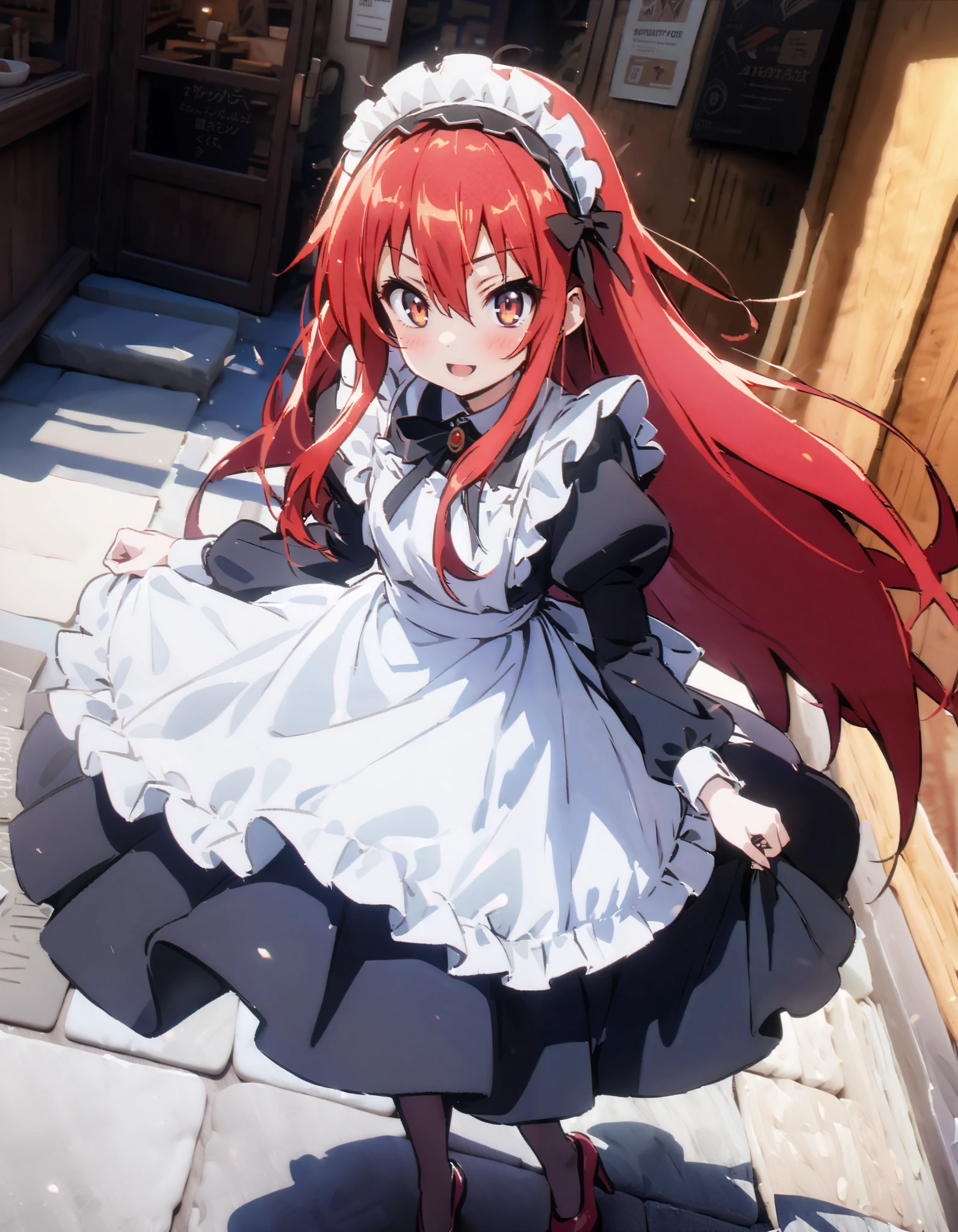 shana , long hair, Red Hair, red eyes, stupid hair,smile,blush, open their mouths,Maid服,rib tights , black pantyhose , pin heels,black色ロングスカート,Maid head dress , Maid apron, Maid Dress,Maid, Maid outfit,black_ dress , hair shaking in the wind , long skirt is moving in the wind,Holding a stack of papers in both arms,Handing out flyers, is standing,Paper is being blown away by the wind , sign,noon,whole bodyがイラストに入るように,break looking at viewer,whole body,
break outdoors,Coffee shop entrance ,
break (masterpiece:1.2), best quality, high resolution, Unity 8K Wallpaper, (figure:0.8), ( precise and beautiful eyes:1.6), Highly Detailed Face , perfect lighting, very precise CG, ( perfect hand, perfect anatomy),