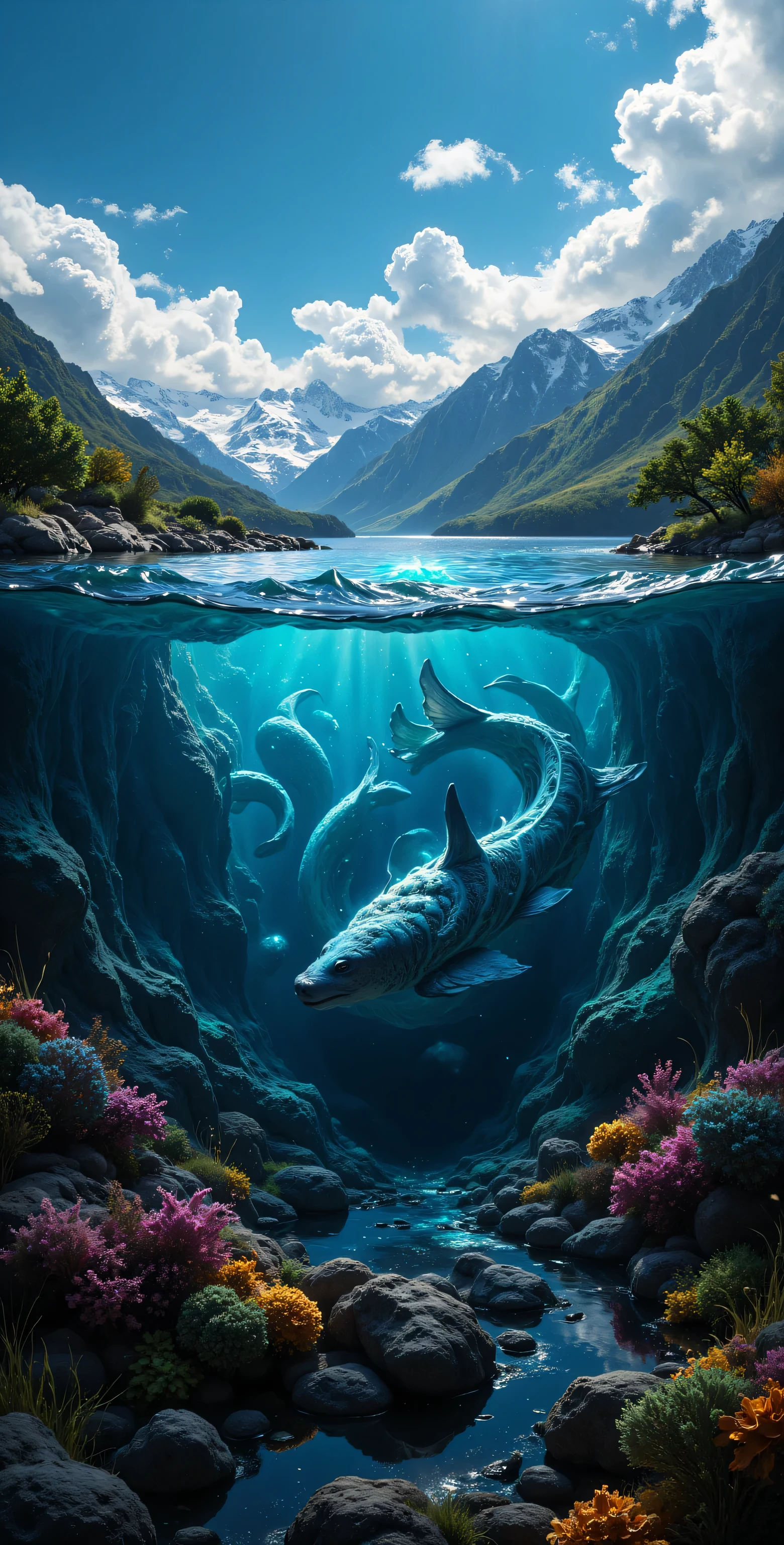 非常にリアリスティックで is present 。 is present 、24K、 super real 、 a lake rich in nature with mountains 。 photograph the boundary between the surface of the water 。 rich nature is shown on the surface of the water , No wind, The lake surface is quiet 、 animals are swimming vividly 。on the other hand、Beneath the Surface、 very beautiful scenery 。、Mammals、Crustaceans、Unbelievable big creature