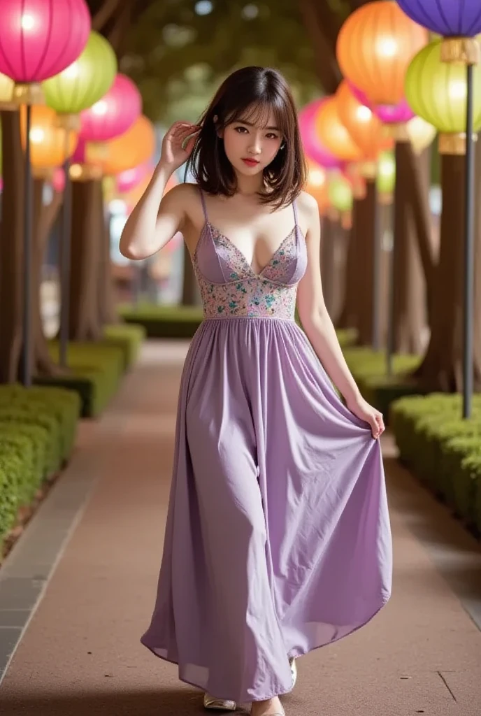  photograph, Cute Japanese woman in her 20s in swimsuits with Lavender pattern, bashful smile, Commemorative photo at the Tokyo Street, photo realistic,