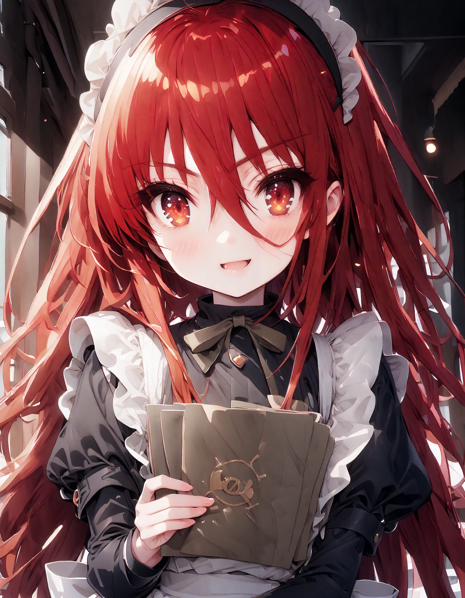 shana , long hair, Red Hair, red eyes, stupid hair,smile,blush, open their mouths,Maid服,rib tights , black pantyhose , pin heels,black色ロングスカート,Maid head dress , Maid apron, Maid Dress,Maid, Maid outfit,black_ dress , hair shaking in the wind , long skirt is moving in the wind,Holding a stack of papers in both arms,Handing out flyers, is standing,Paper is being blown away by the wind , sign,noon,whole bodyがイラストに入るように,break looking at viewer,whole body,
break outdoors,Coffee shop entrance ,
break (masterpiece:1.2), best quality, high resolution, Unity 8K Wallpaper, (figure:0.8), ( precise and beautiful eyes:1.6), Highly Detailed Face , perfect lighting, very precise CG, ( perfect hand, perfect anatomy),