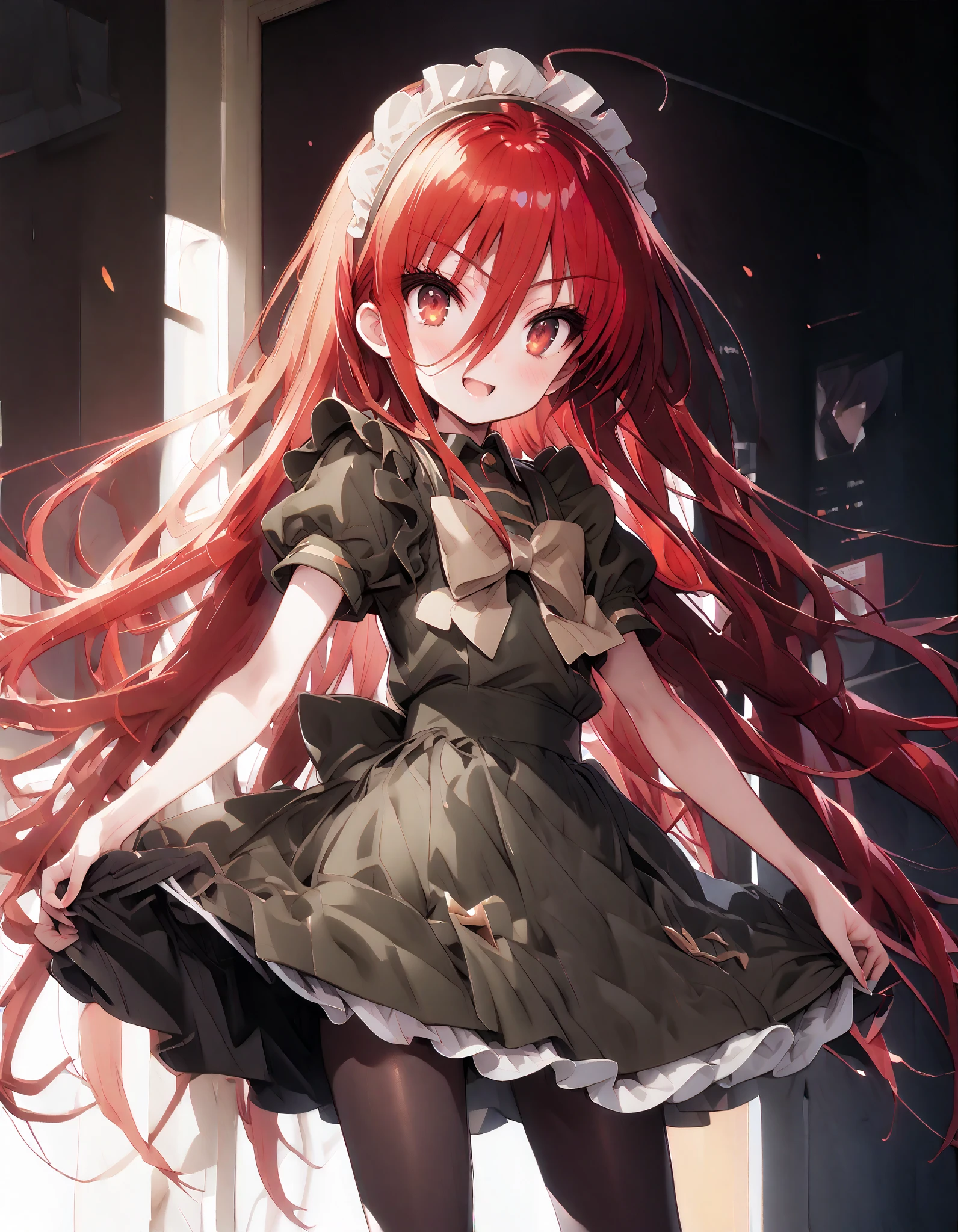 shana , long hair, Red Hair, red eyes, stupid hair,smile,blush, open their mouths,Maid服,rib tights , black pantyhose , pin heels,black色ロングスカート,Maid head dress , Maid apron, Maid Dress,Maid, Maid outfit,black_ dress , hair shaking in the wind , long skirt is moving in the wind,Holding a stack of papers in both arms,Handing out flyers, is standing,Paper is being blown away by the wind , sign,noon,whole bodyがイラストに入るように,break looking at viewer,whole body,
break outdoors,Coffee shop entrance ,
break (masterpiece:1.2), best quality, high resolution, Unity 8K Wallpaper, (figure:0.8), ( precise and beautiful eyes:1.6), Highly Detailed Face , perfect lighting, very precise CG, ( perfect hand, perfect anatomy),