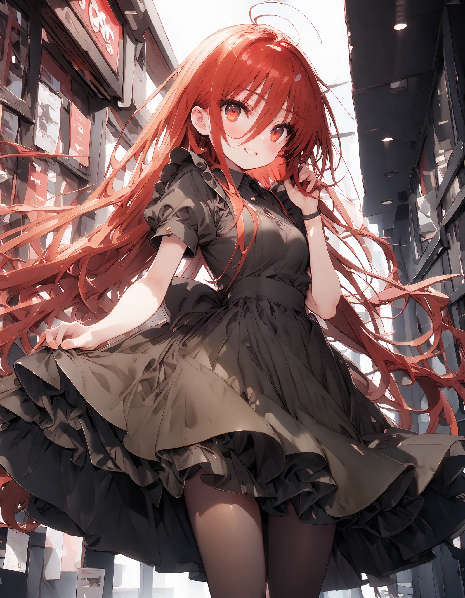 shana , long hair, Red Hair,  red eyes, stupid hair,smile,blush, open their mouths,Maid服,rib tights ,  black pantyhose ,  pin heels,black色ロングスカート,Maid head dress , Maid apron, Maid Dress,Maid, Maid outfit,black_ dress , hair shaking in the wind , long skirt is moving in the wind,Holding a stack of papers in both arms,Handing out flyers, is standing,Paper is being blown away by the wind , sign,noon,whole bodyがイラストに入るように,break looking at viewer,whole body,
break outdoors,Coffee shop entrance , 
break (masterpiece:1.2),  best quality,  high resolution,  Unity 8K Wallpaper, (figure:0.8), ( precise and beautiful eyes:1.6),  Highly Detailed Face ,  perfect lighting,  very precise CG, ( perfect hand,  perfect anatomy),