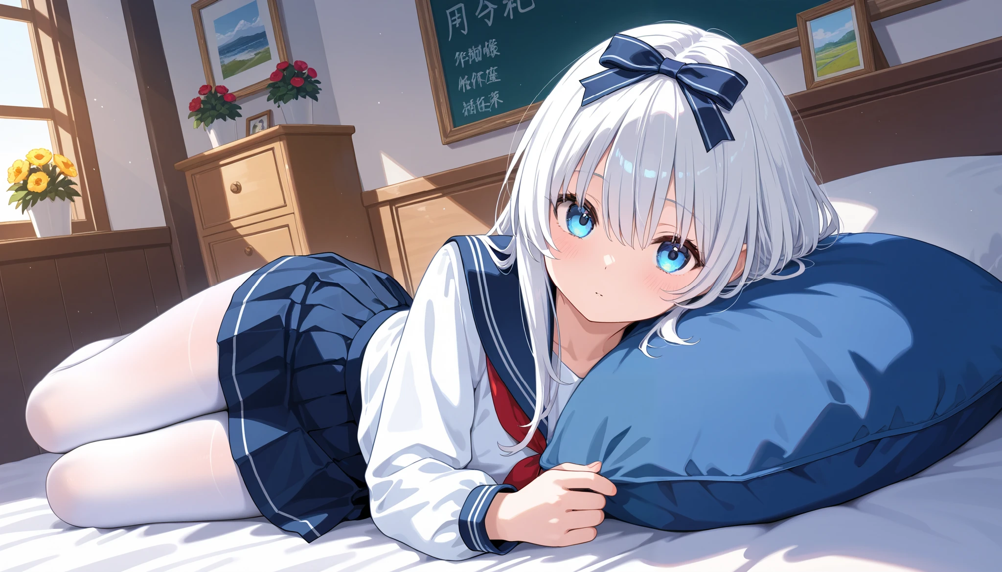Extremadamente detallado gran calidad de imagen 1 white-haired girl with ribbon decorations on her head, blue eyes in school mini skirt navy Women with white stockings at home