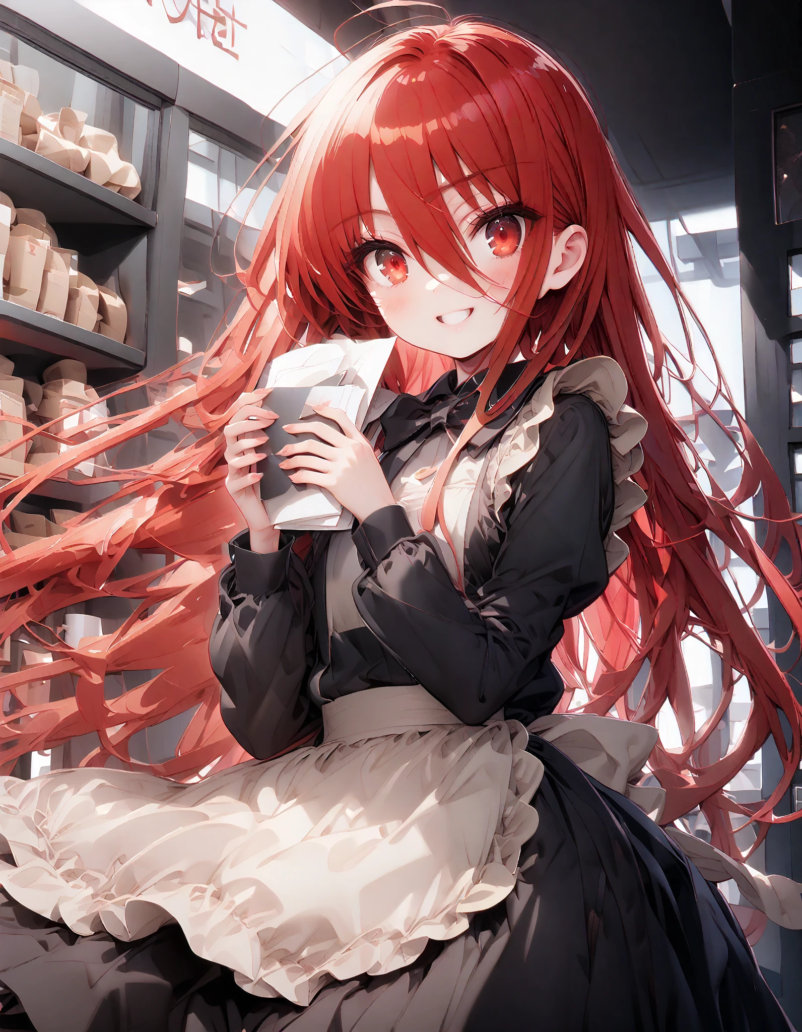 shana , long hair, Red Hair, red eyes, stupid hair,smile,blush, open their mouths,Maid服,rib tights , black pantyhose , pin heels,black色ロングスカート,Maid head dress , Maid apron, Maid Dress,Maid, Maid outfit,black_ dress , hair shaking in the wind , long skirt is moving in the wind,Holding a stack of papers in both arms,Handing out flyers, is standing,Paper is being blown away by the wind , sign,noon,whole bodyがイラストに入るように,break looking at viewer,whole body,
break outdoors,Coffee shop entrance ,
break (masterpiece:1.2), best quality, high resolution, Unity 8K Wallpaper, (figure:0.8), ( precise and beautiful eyes:1.6), Highly Detailed Face , perfect lighting, very precise CG, ( perfect hand, perfect anatomy),