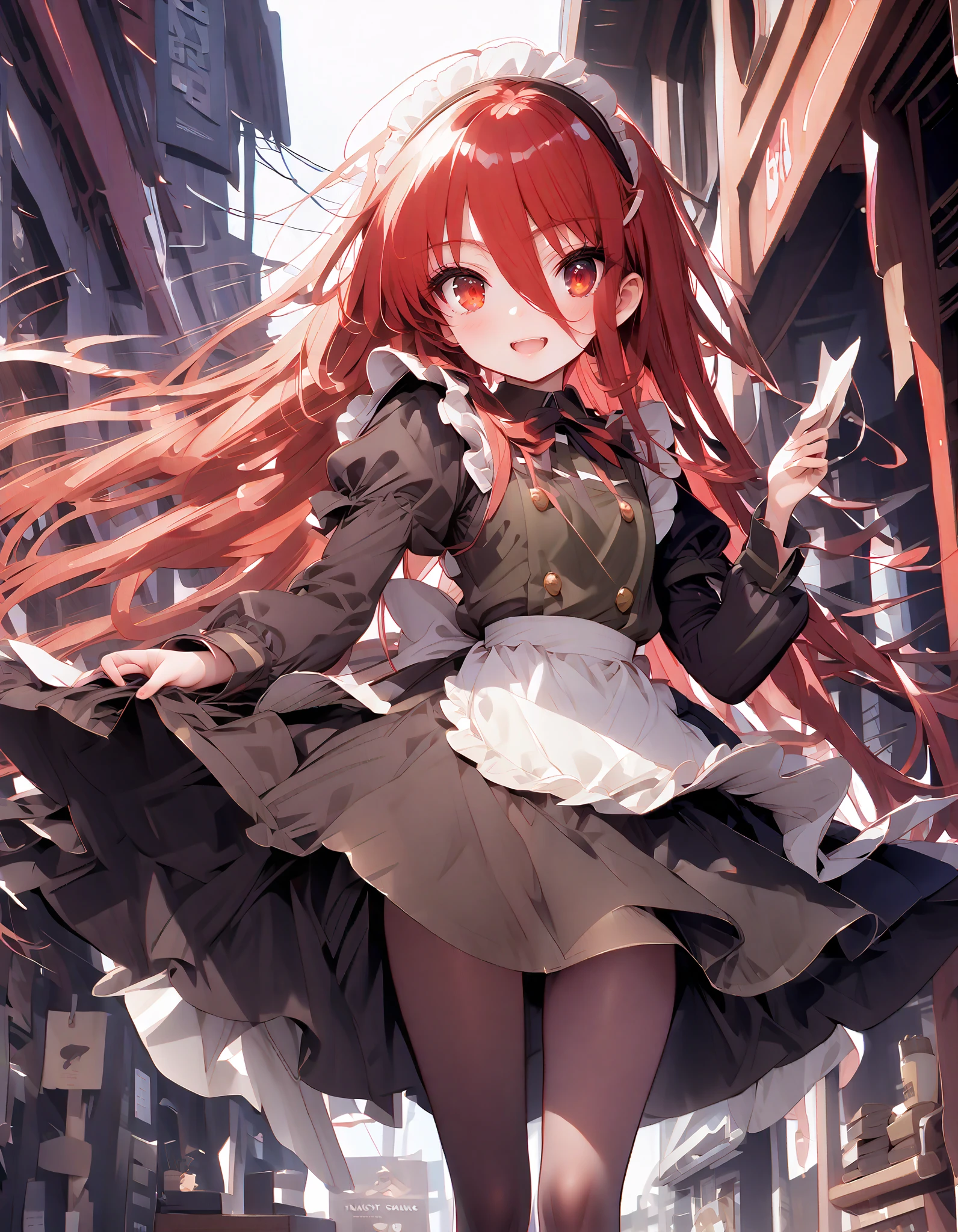 shana , long hair, Red Hair,  red eyes, stupid hair,smile,blush, open their mouths,Maid服,rib tights ,  black pantyhose ,  pin heels,black色ロングスカート,Maid head dress , Maid apron, Maid Dress,Maid, Maid outfit,black_ dress , hair shaking in the wind , long skirt is moving in the wind,Holding a stack of papers in both arms,Handing out flyers, is standing,Paper is being blown away by the wind , sign,noon,whole bodyがイラストに入るように,break looking at viewer,whole body,
break outdoors,Coffee shop entrance , building,
break (masterpiece:1.2),  best quality,  high resolution,  Unity 8K Wallpaper, (figure:0.8), ( precise and beautiful eyes:1.6),  Highly Detailed Face ,  perfect lighting,  very precise CG, ( perfect hand,  perfect anatomy),