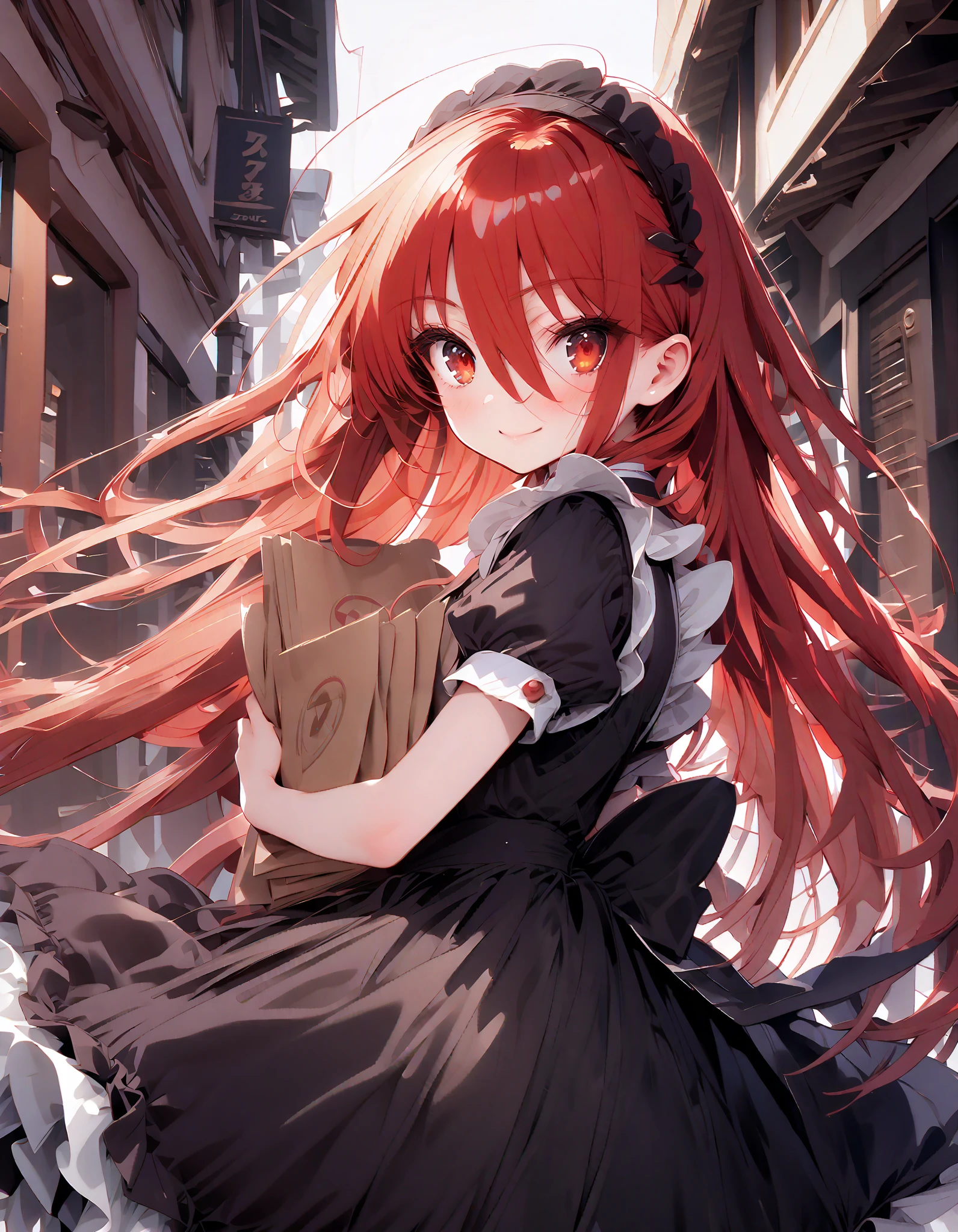 shana , long hair, Red Hair, red eyes, stupid hair,smile,blush, open their mouths,Maid服,rib tights , black pantyhose , pin heels,black色ロングスカート,Maid head dress , Maid apron, Maid Dress,Maid, Maid outfit,black_ dress , hair shaking in the wind , long skirt is moving in the wind,Holding a stack of papers in both arms,Handing out flyers, is standing,Paper is being blown away by the wind , sign,noon,whole bodyがイラストに入るように,break looking at viewer,whole body,
break outdoors,Coffee shop entrance , building,
break (masterpiece:1.2), best quality, high resolution, Unity 8K Wallpaper, (figure:0.8), ( precise and beautiful eyes:1.6), Highly Detailed Face , perfect lighting, very precise CG, ( perfect hand, perfect anatomy),