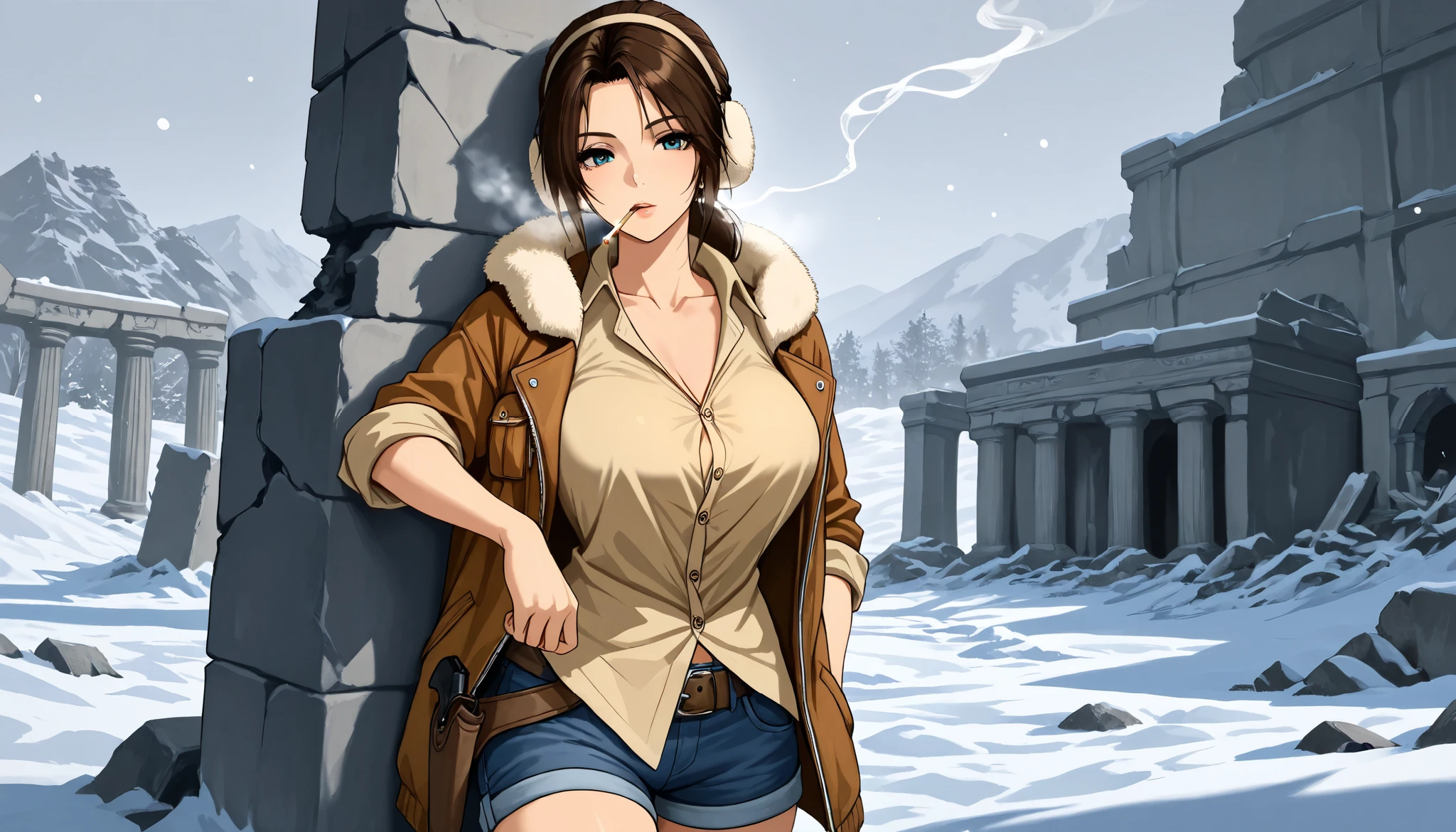 lara croft in button down shirt and jeans shorts climbing and smoking cigarette in the snowy ancient temple ruins, cute, sassy, lara croft, ((((beige button down shirt)))), (collarbone), (rolled up sleeves), breast pockets, (untucked shirt), ((shearling jacket)), ((earmuffs)), jeans cur-off shorts, belt, holster, big breasts, muscular, looking at viewer, smoking, smoke, cigarette, winter, snow, blizzard, ancient ruins, detailed