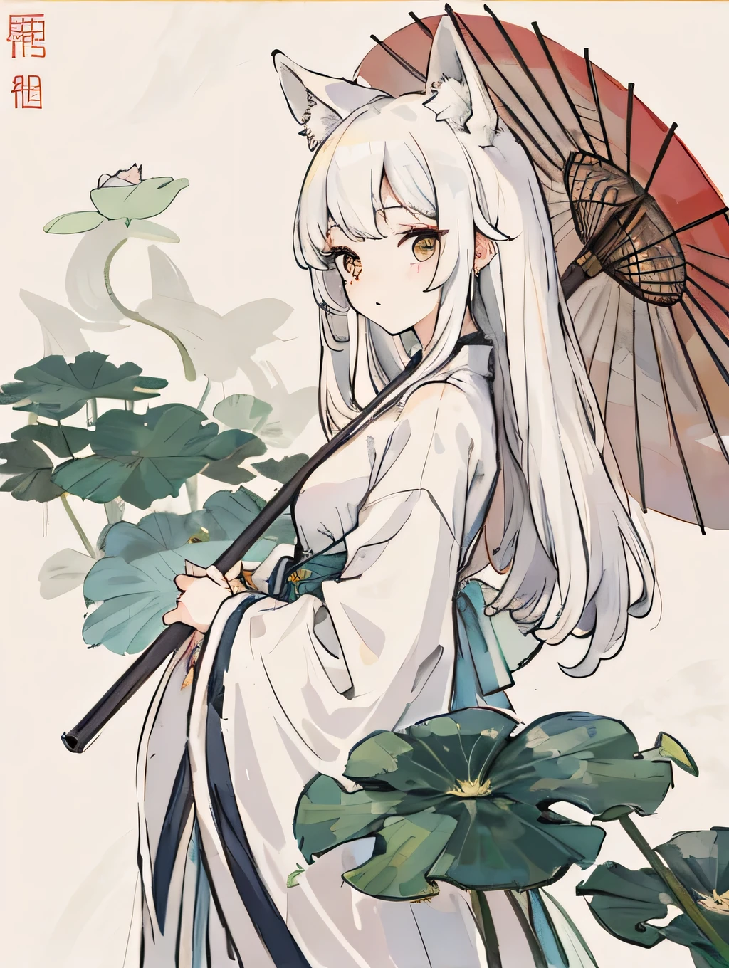 ((4k,masterpiece,best quality)), shuimobysim, Chinese painting, lotus, hanfu, maxiskit, dressed conservative 1 girl, solo, white hair, long hair, fox ears, white, bikini, fish, many fish close to the girl, looking at the audience, teasing