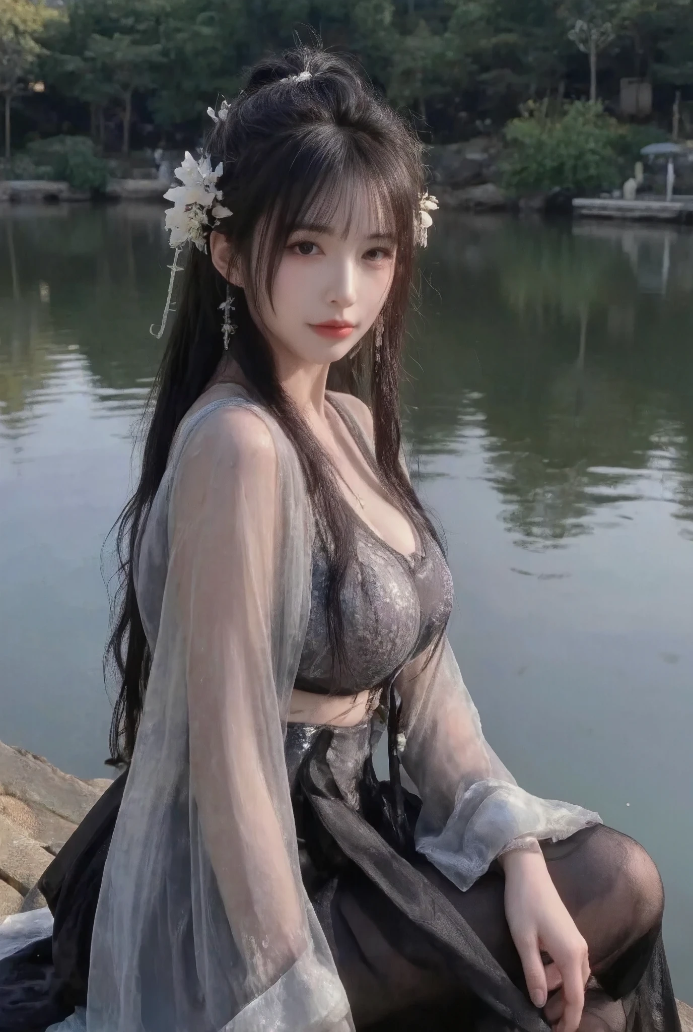 on dark background 、High-quality photography、 wet texture、frost、 studio photography 、engraving、Shallow depth of field、Vignette、 super detailed、High Budget、Bokeh、Wide cinema 、epic、Colorful、 film grain ,Model with slightly curly black hair wears black and white translucent ancient Hanfu,Sitting by the lake,The model's skin is delicate and shiny,Have a pair of E-cup breasts,The left side of the hair has a white flower headdress,Side to side and look at the camera