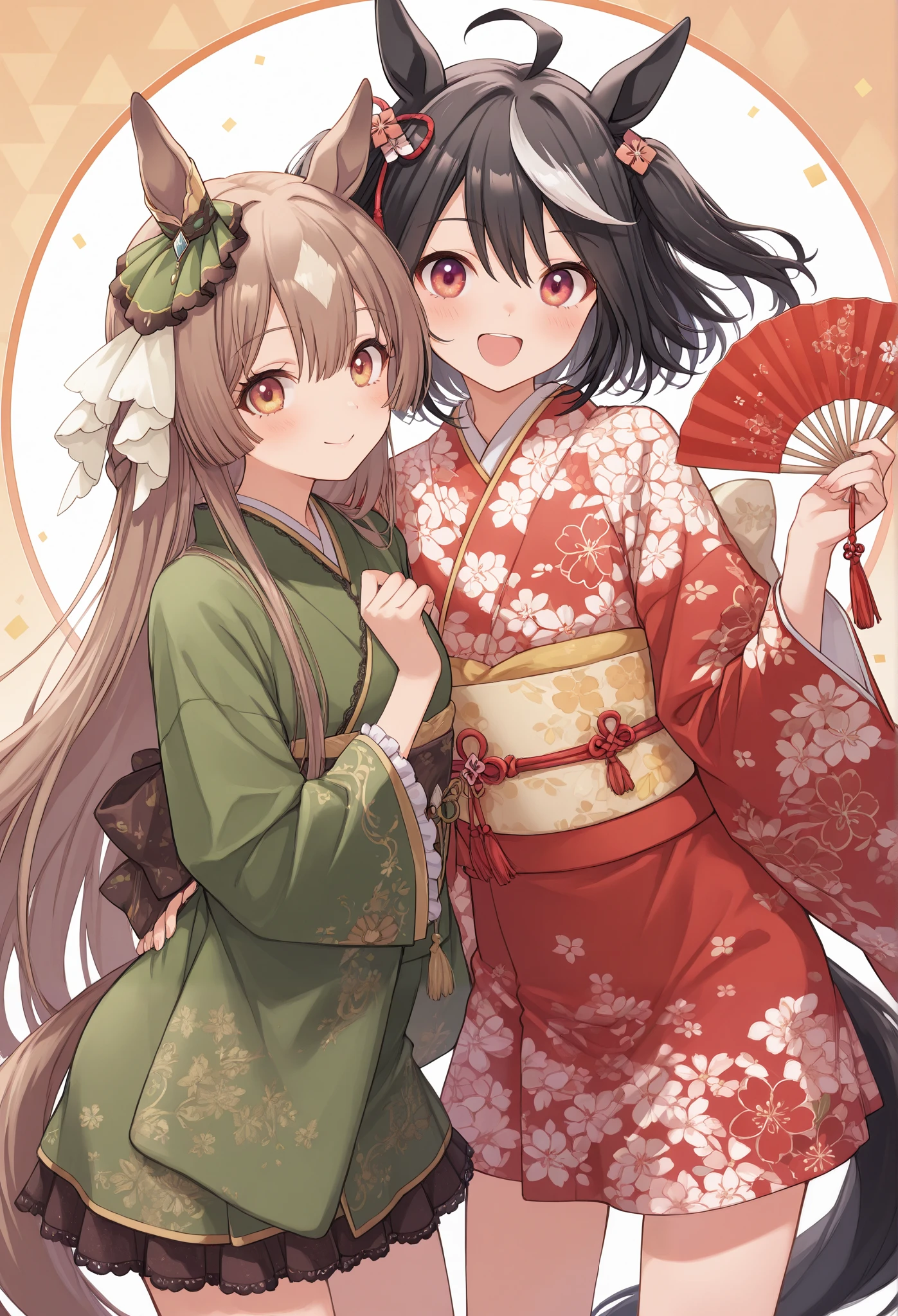 {{{masterpiece}}}, {{{ best quality }}}, {{ More details}}, {illustration}, {{ so delicate and beautiful }}, detailed skin, detailed eyes
{{{ Two women are standing }}},{{{2girls}}},{Yuri}}}
left/{{{Uma Musume}}},{{{ Kitasan Black:1.7}}},{official alternate costume},right耳の装飾品 ,
right/{{{Uma Musume}}},{{{ Satono Diamond :1.7}}},{official alternate costume}}}, tea hair,right耳の装飾品