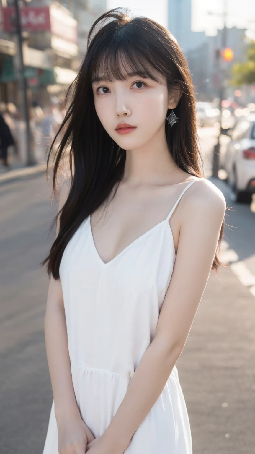 A perfect young female，High picture quality，Works of masters，Black hair，Long hair flowing over the shoulders，Blurred background，outside, Real Human，CG rendering，16k, Depth of field, movie light, lens flare, Ray tracing 