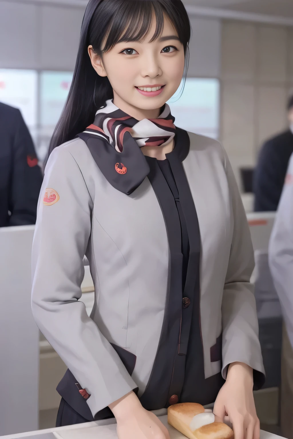 (masterpiece:1.2、 best quality:1.2)、32kHDR、 high resolution、( alone、 1 girl、 slim figure)、( realistic style wearing a JAL cabin crew uniform)、 (At the airport counter, professional lighting)、A proper woman, beautiful face,、(Black JAL cabin crew uniform)、(long sleeve JAL flight attendant uniform )、( Picture of a scarf )、 big breasted、( long hair upstyle 、bread)、 thick brown hair、Long Hit、((:2.0))、((harmonious body proportions:1.5))、((Normal limbs:2.0))、((Usually refers to:2.0))、(( Delicate Eyes:2.0))、((Normal eyes:2.0)))、Beautiful position、smile