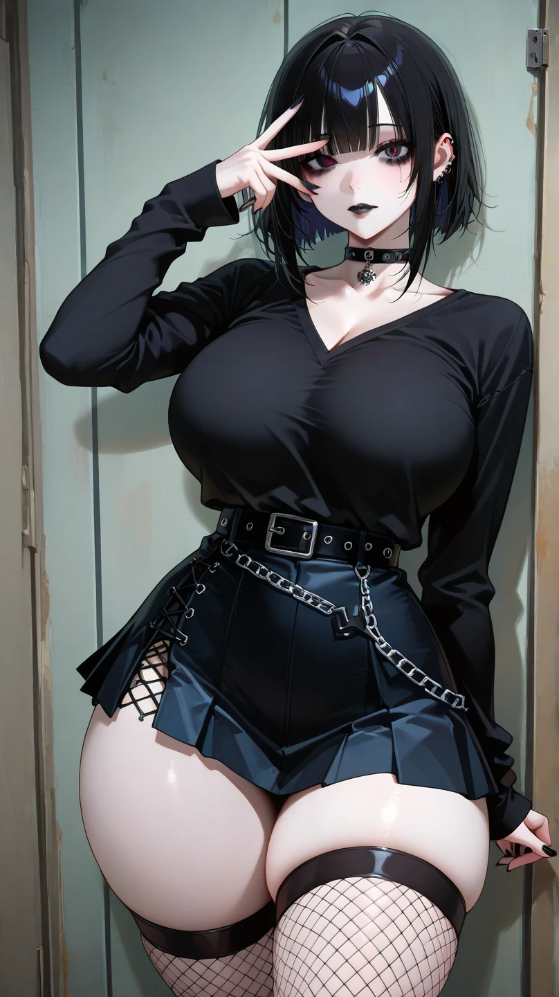 Gothic Female, elf, slender body, flat stomach, big breasts, black hair, gothic bob cut, make up, pale skin, green eyes, long lashes, plump lips, black nails, leather jacket, black mini dress, lacy floral black stockings, seductive smile, sitting on knees,