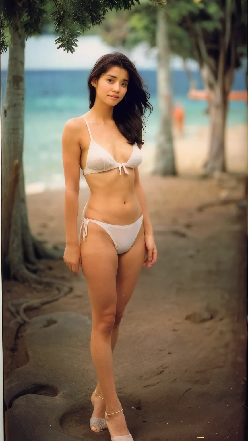   18 year old beautiful woman  ,   long brown hair  ,   full body photo, ( Big Breasts)、Front view staring at camera  、  big eyes、 White half cup bra,  high leg thong lingerie,    seductive gaze , chuckle、  Waikiki Beach、