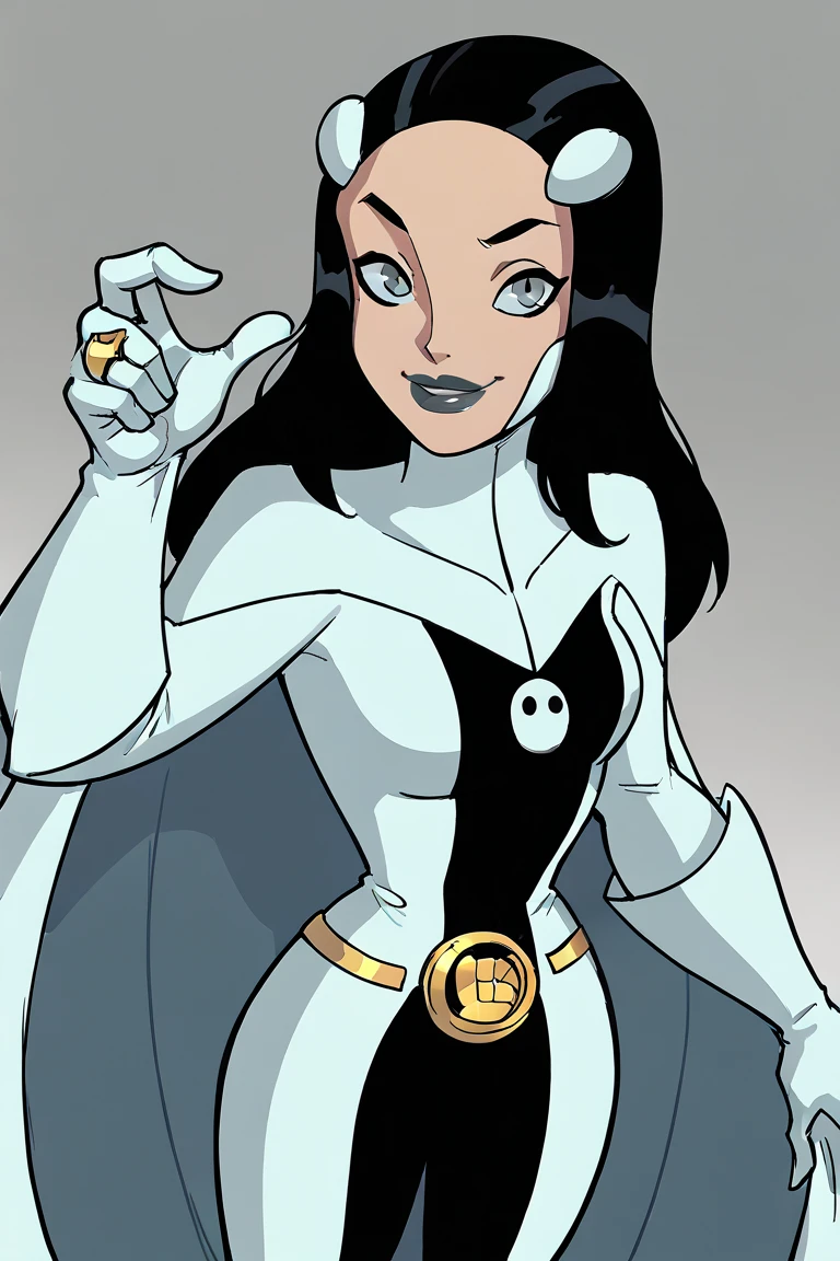 8k,highres,absurdres,masterpiece,best quality,original,extremely detailed CG,extremely detailed wallpaper,perfect, Phantom girl, solo, girl1, long black hair, bodysuit. grey eyes, smile, white hair ornament, ghost logo, grey lips, sanpaku, belt, white cape, white gloves, best quality, masterpiece, cowboy shot, city, park