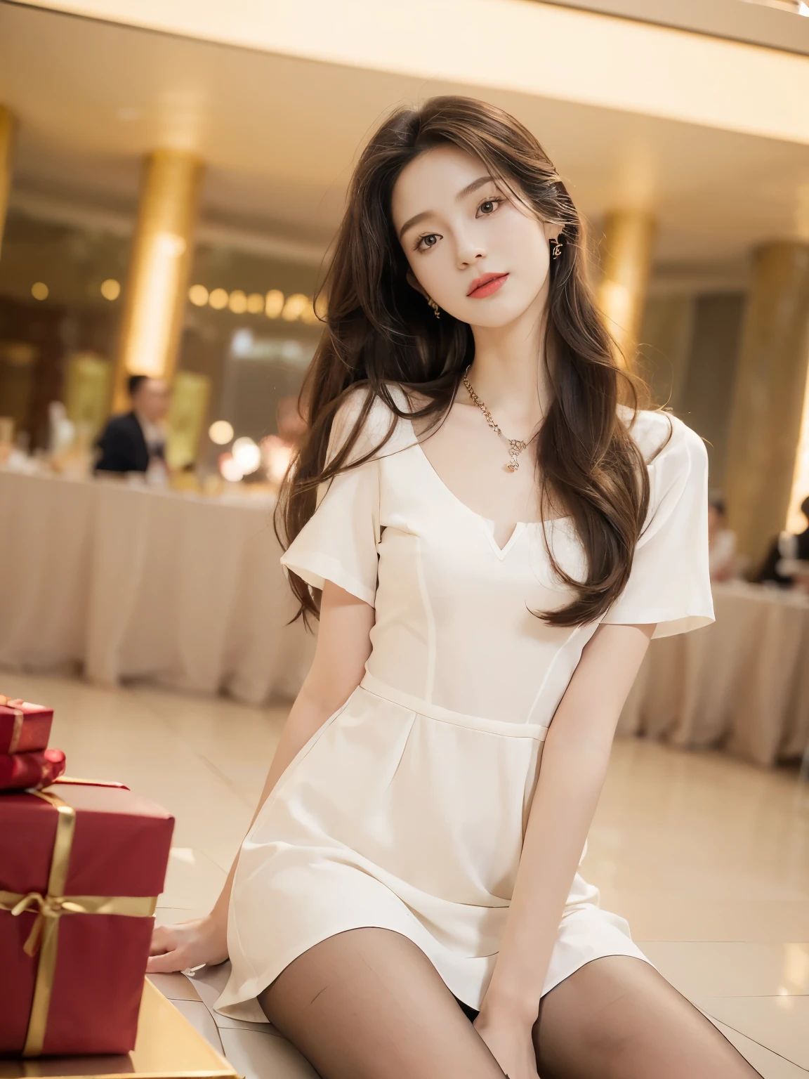 Japanese、30 years old、A randomly generated person with diverse facial features hairstyle、Perfect Anatomy,Romantic Evening、Silk dress with lace inserts、Strap sandals、Pearl Accessories、Clutch bags、Satin shawl