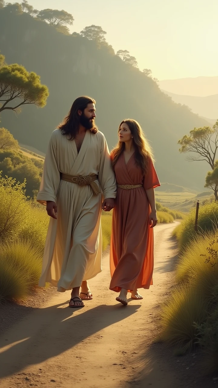 Jesus placing his hand on the shoulders of an indigenous woman who is dressed in straw and leaves, they are in a village and there are several people around dressed in straw and leaves, comic book style, the scene contains vibrant and quite eye-catching. 