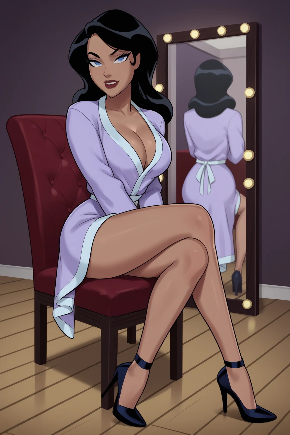 score_9, score_8_up, score_7_up, score_6_up, source_cartoon, rating_explicit, ((Drawn in the style of summertime saga)), Debbie, sitting on sofa, smiling, looking on viewer, purple robe,